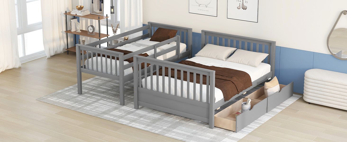 Space-Saving Twin Over Full Wood Bunk Bed with Two Storage Drawers and Ladders, Multiple Colors | Just Better Bunk Beds