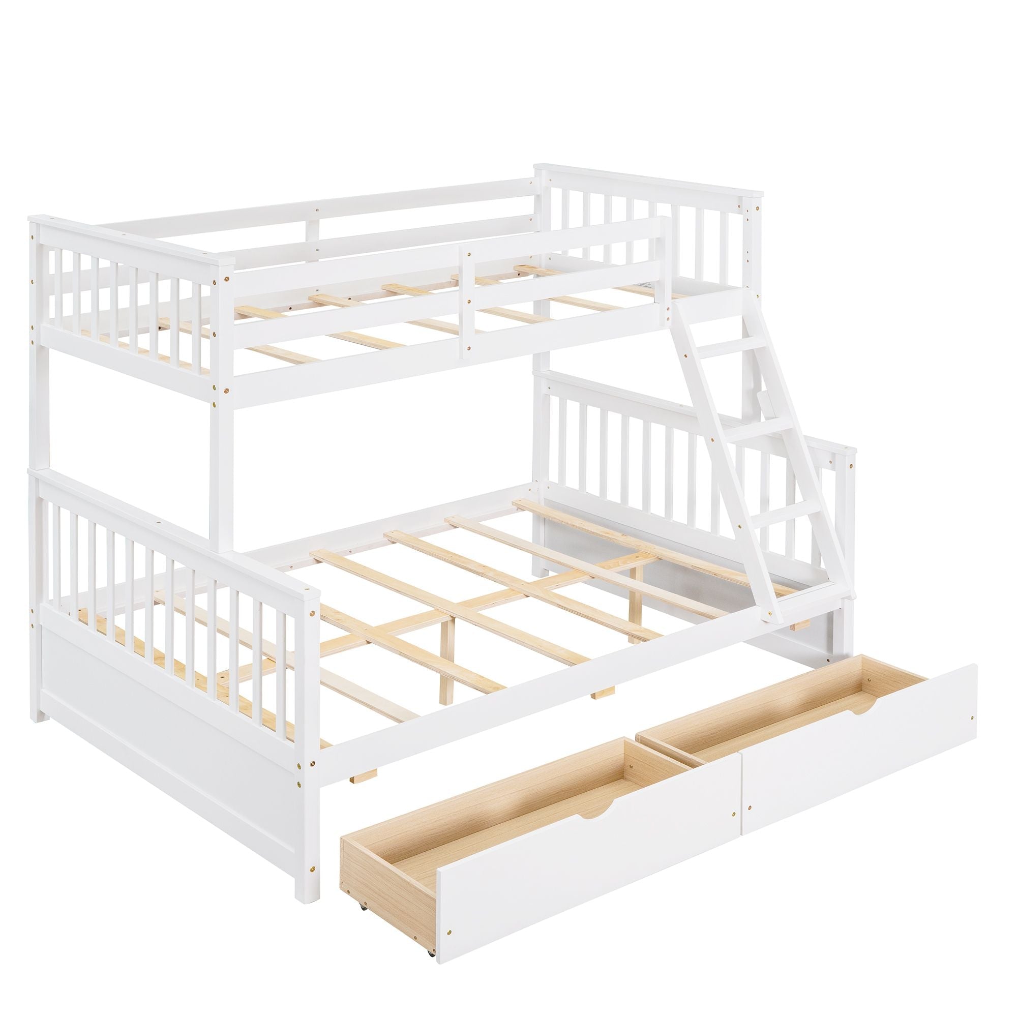 Space-Saving Twin Over Full Wood Bunk Bed with Two Storage Drawers and Ladders, Multiple Colors | Just Better Bunk Beds