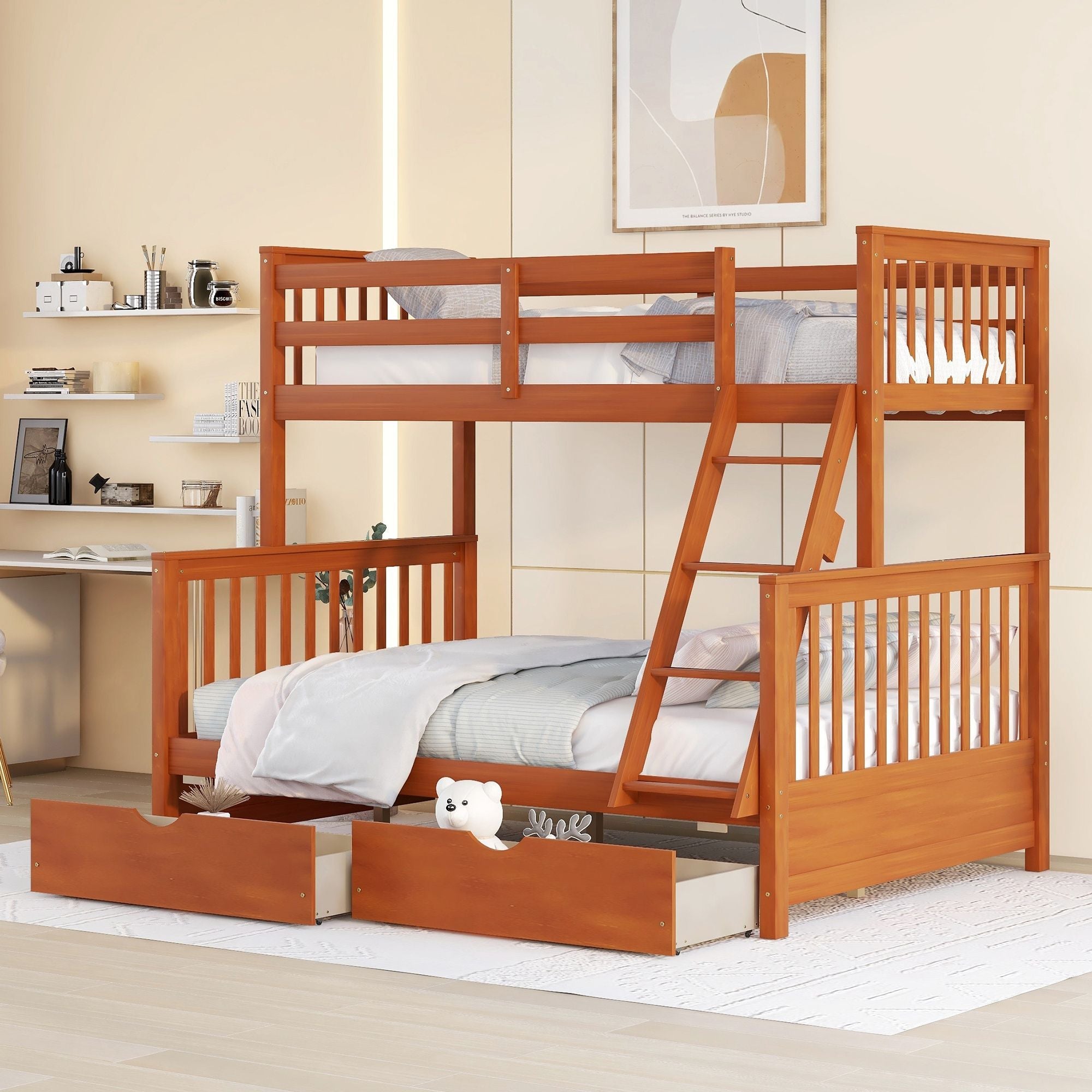 Space-Saving Twin Over Full Wood Bunk Bed with Two Storage Drawers and Ladders, Multiple Colors | Just Better Bunk Beds