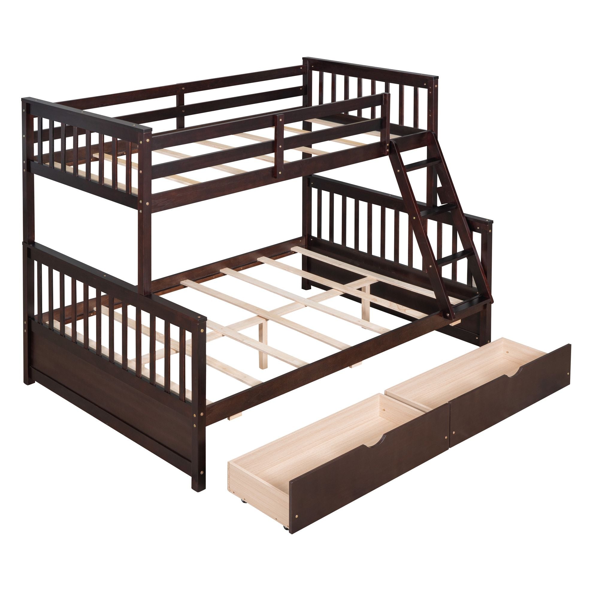 Space-Saving Twin Over Full Wood Bunk Bed with Two Storage Drawers and Ladders, Multiple Colors | Just Better Bunk Beds