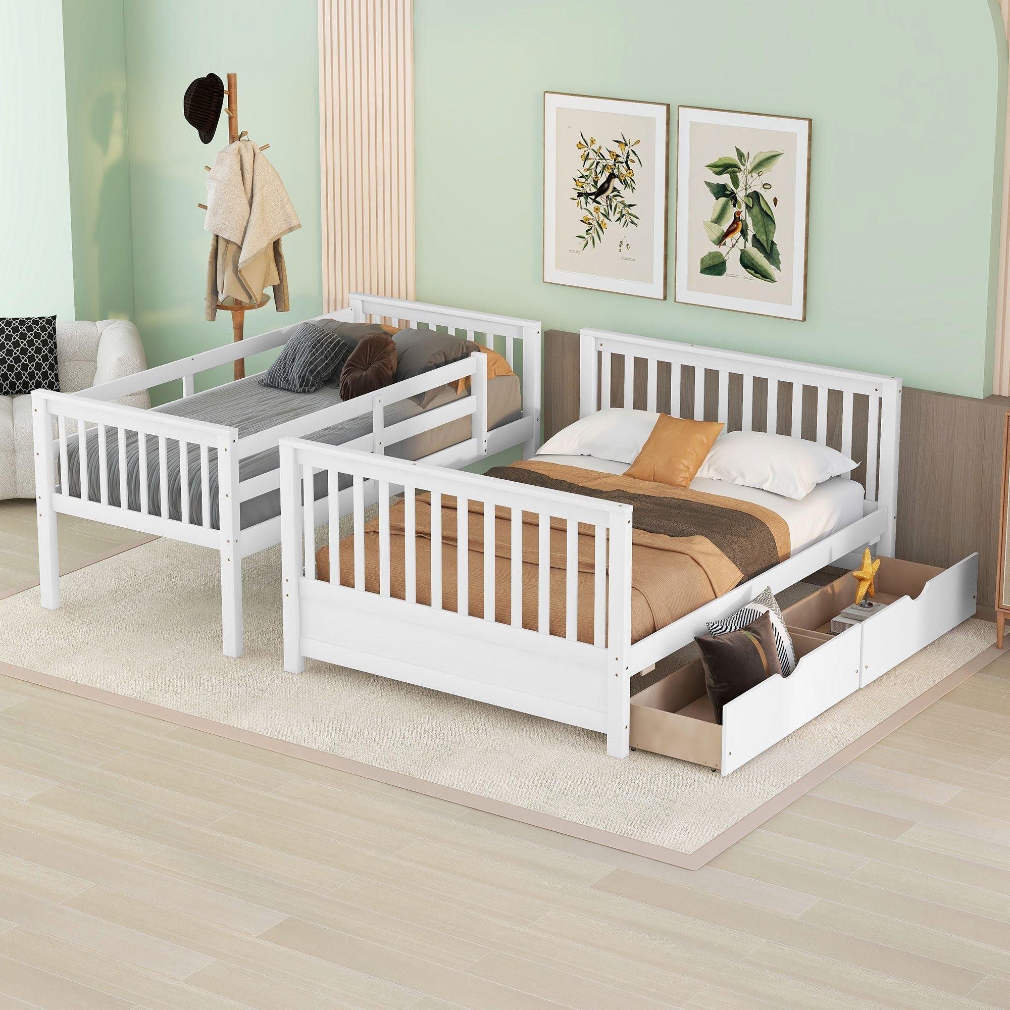 Space-Saving Twin Over Full Wood Bunk Bed with Two Storage Drawers and Ladders, Multiple Colors | Just Better Bunk Beds