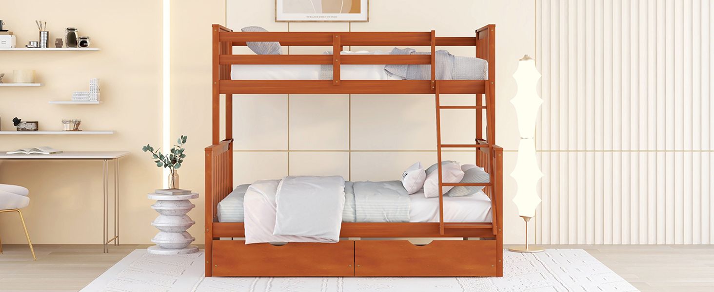 Space-Saving Twin Over Full Wood Bunk Bed with Two Storage Drawers and Ladders, Multiple Colors | Just Better Bunk Beds