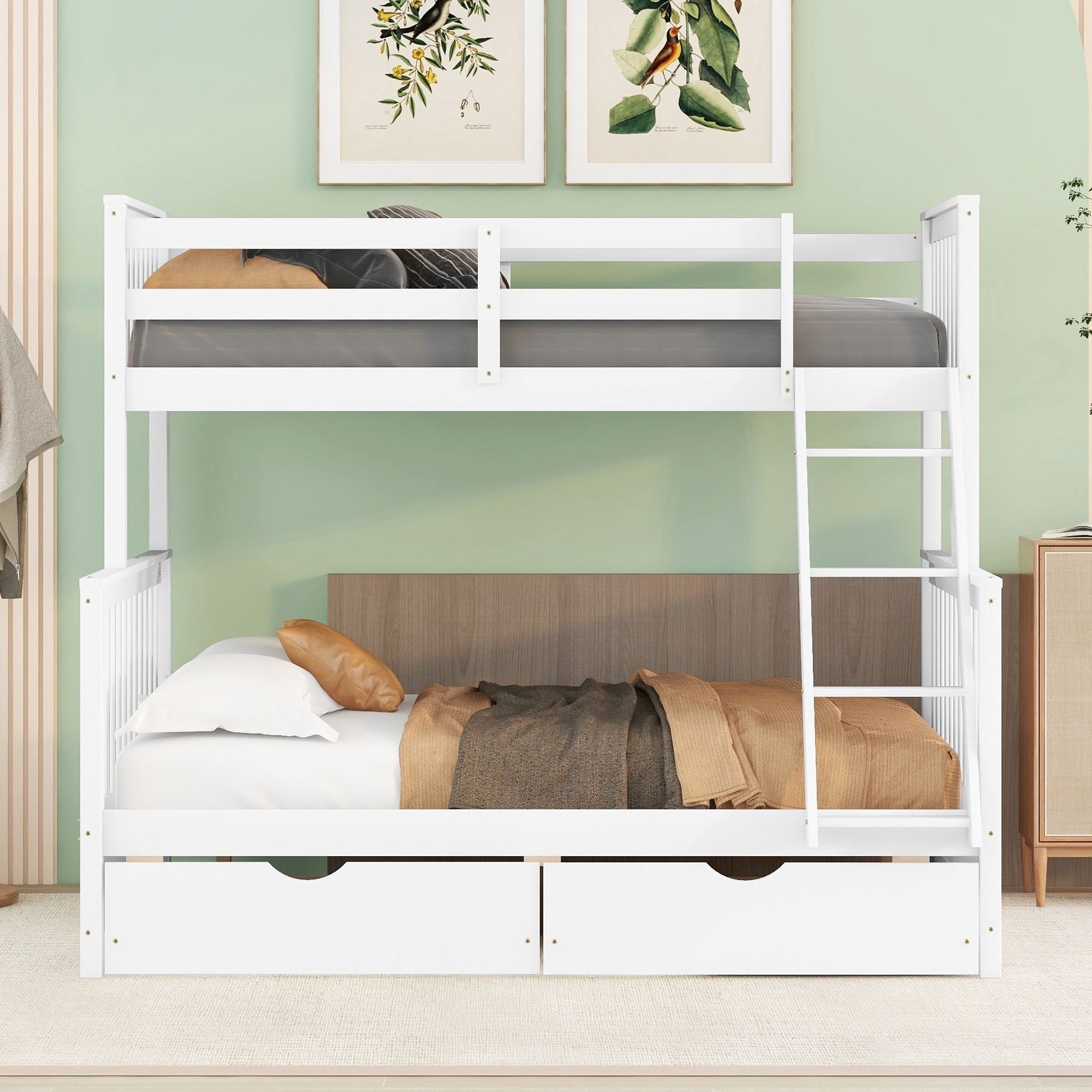 Space-Saving Twin Over Full Wood Bunk Bed with Two Storage Drawers and Ladders, Multiple Colors | Just Better Bunk Beds