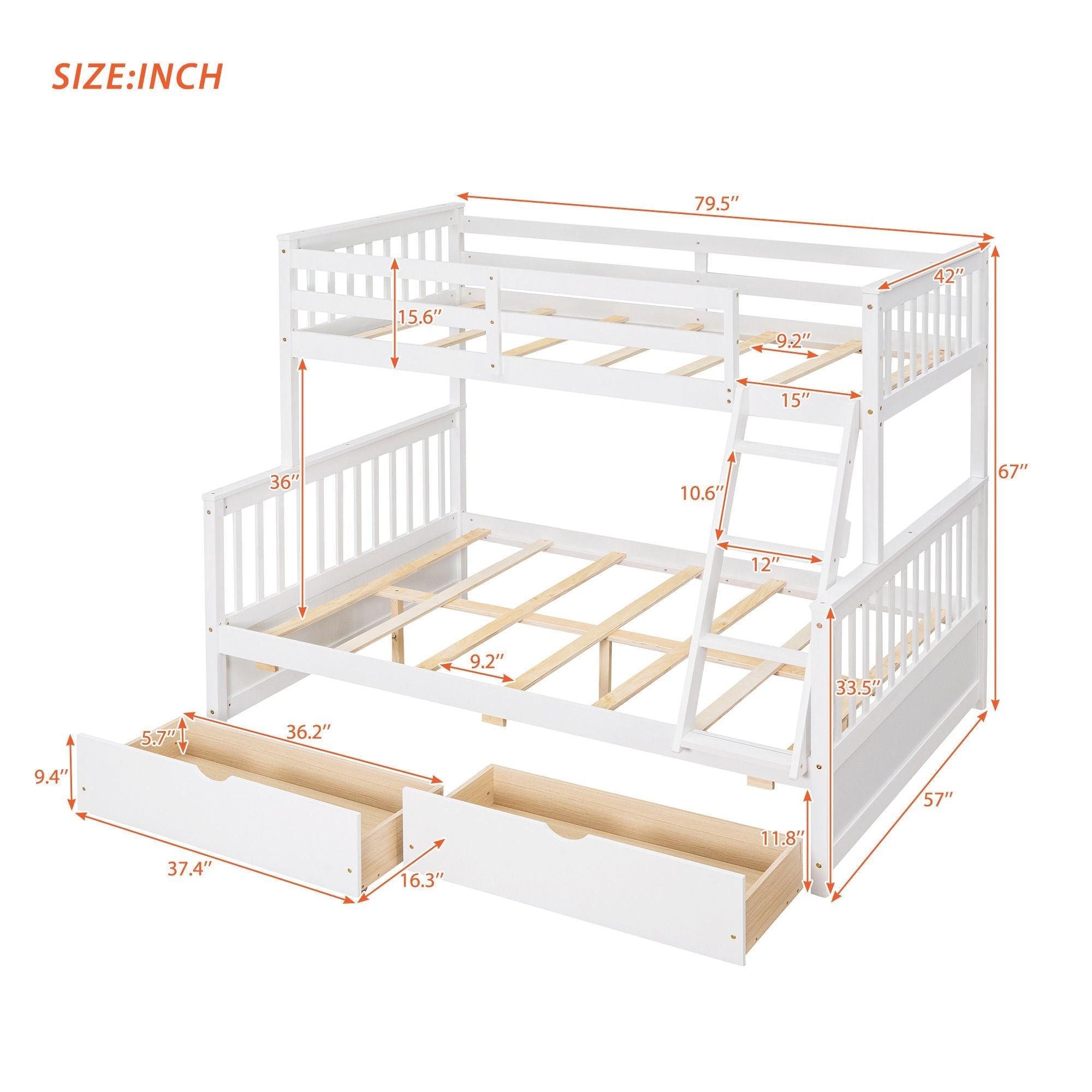 Space-Saving Twin Over Full Wood Bunk Bed with Two Storage Drawers and Ladders, Multiple Colors | Just Better Bunk Beds