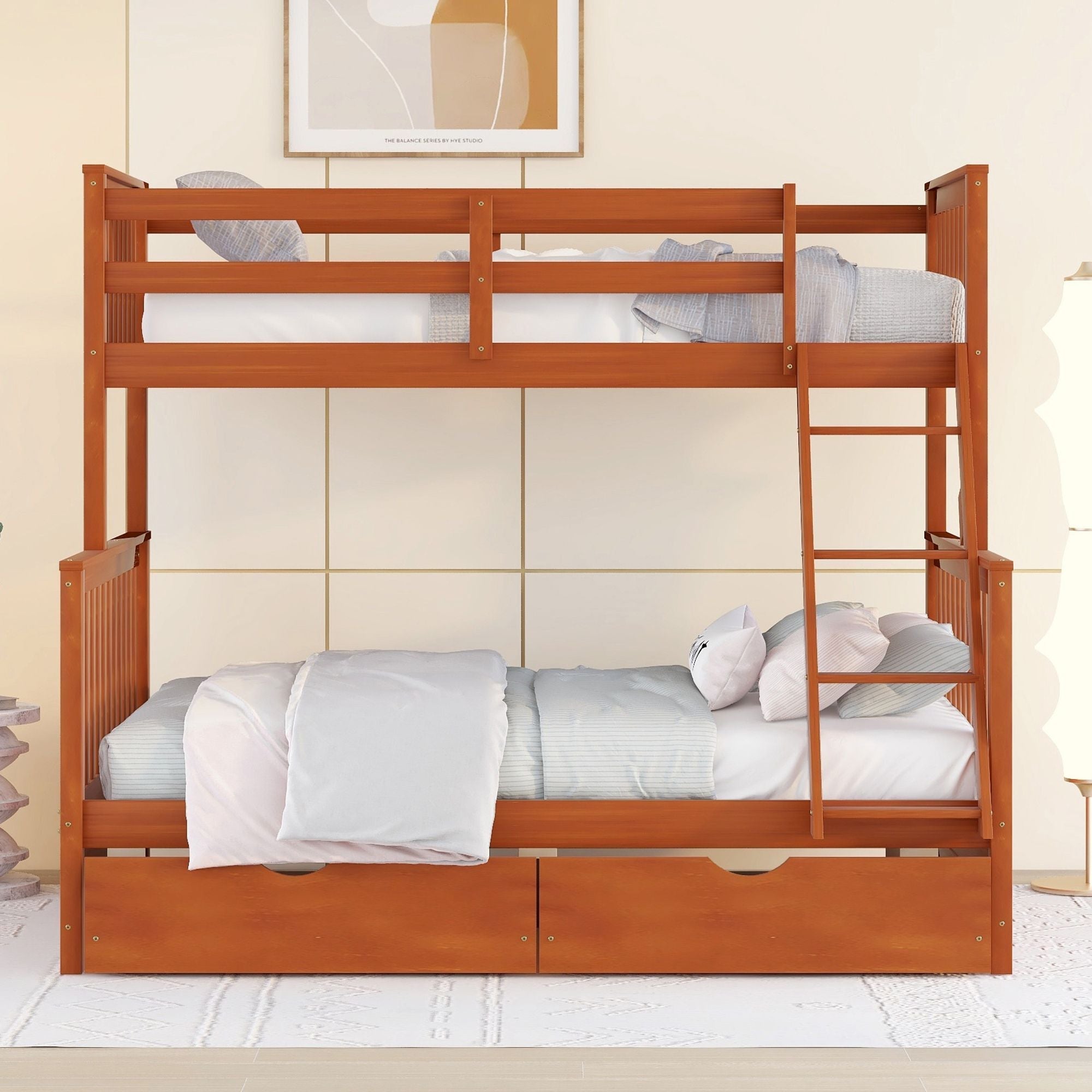 Space-Saving Twin Over Full Wood Bunk Bed with Two Storage Drawers and Ladders, Multiple Colors | Just Better Bunk Beds