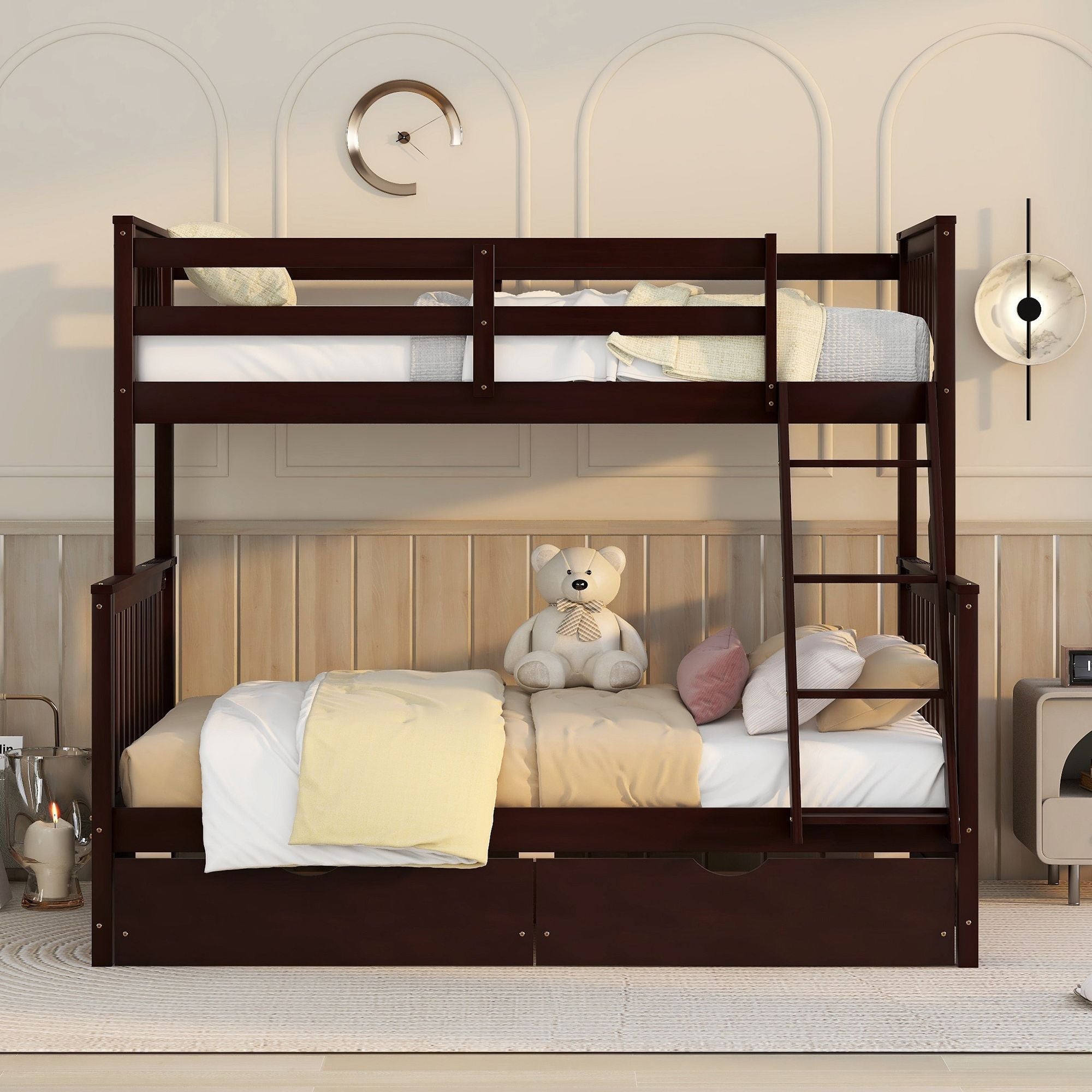 Space-Saving Twin Over Full Wood Bunk Bed with Two Storage Drawers and Ladders, Multiple Colors | Just Better Bunk Beds