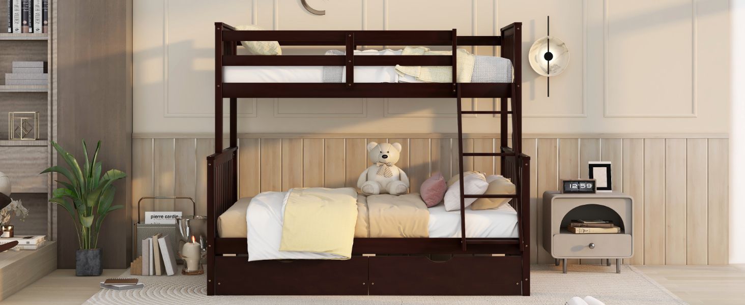 Space-Saving Twin Over Full Wood Bunk Bed with Two Storage Drawers and Ladders, Multiple Colors | Just Better Bunk Beds