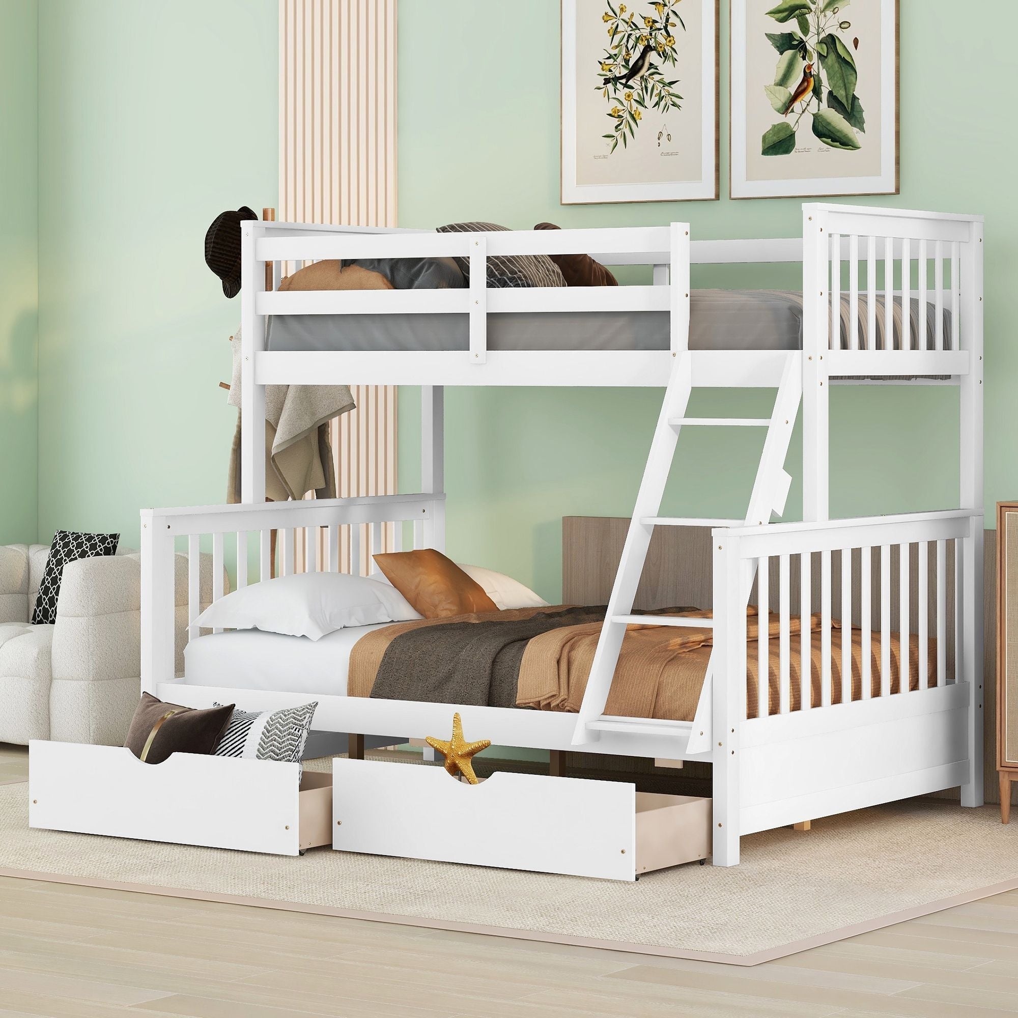 Space-Saving Twin Over Full Wood Bunk Bed with Two Storage Drawers and Ladders, Multiple Colors | Just Better Bunk Beds