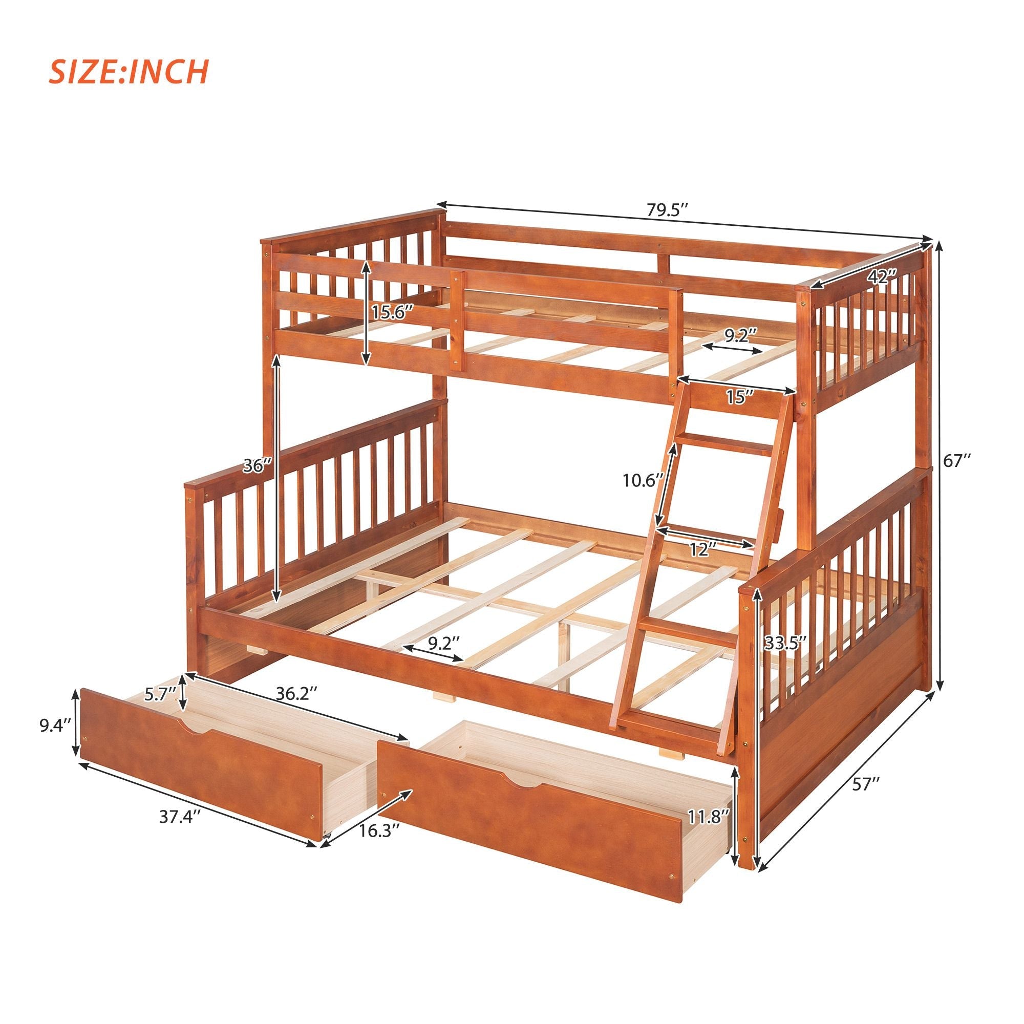 Space-Saving Twin Over Full Wood Bunk Bed with Two Storage Drawers and Ladders, Multiple Colors | Just Better Bunk Beds