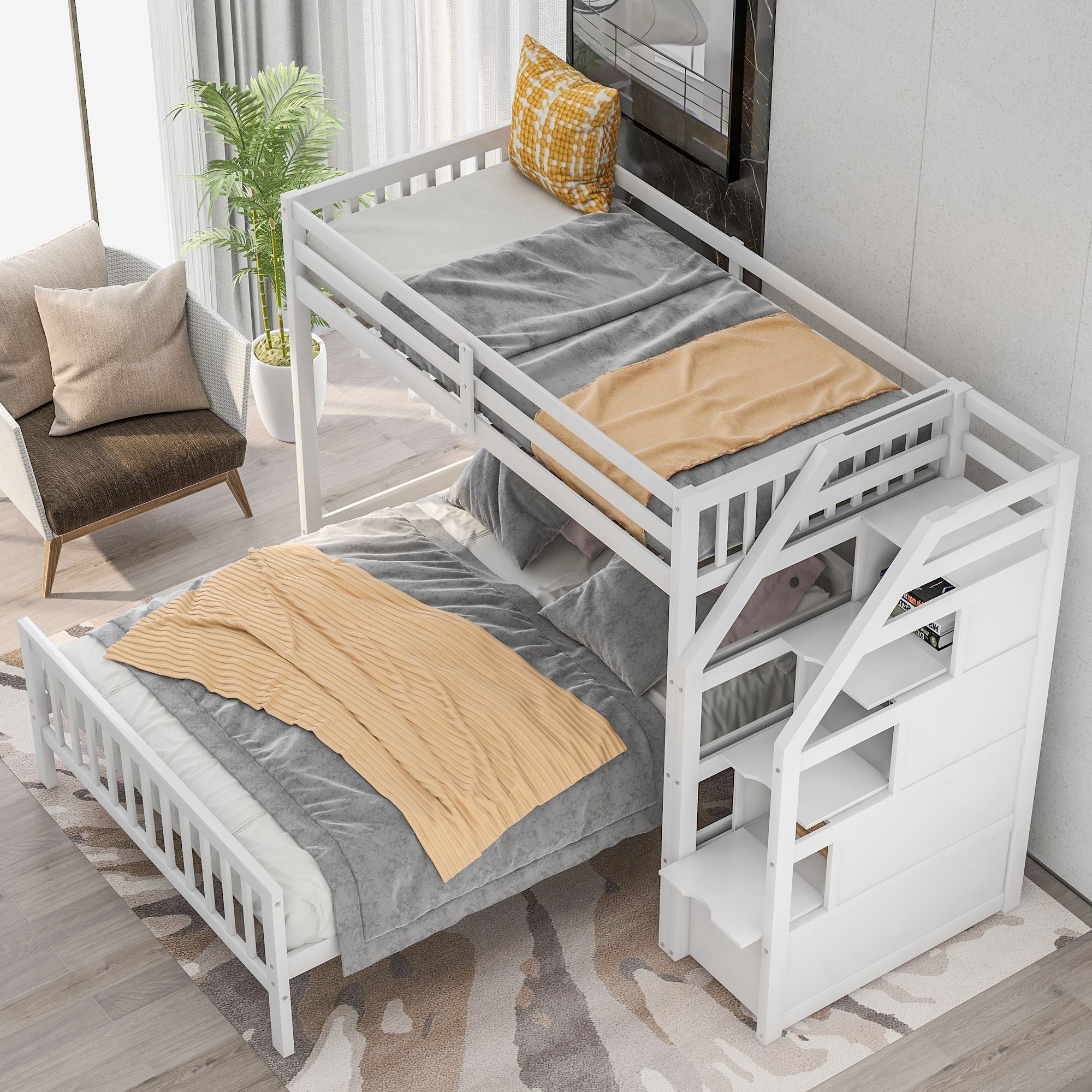Space-Saving Twin over Full Wood Loft Bed with Staircase and Storage, Gray or White | Just Better Bunk Beds