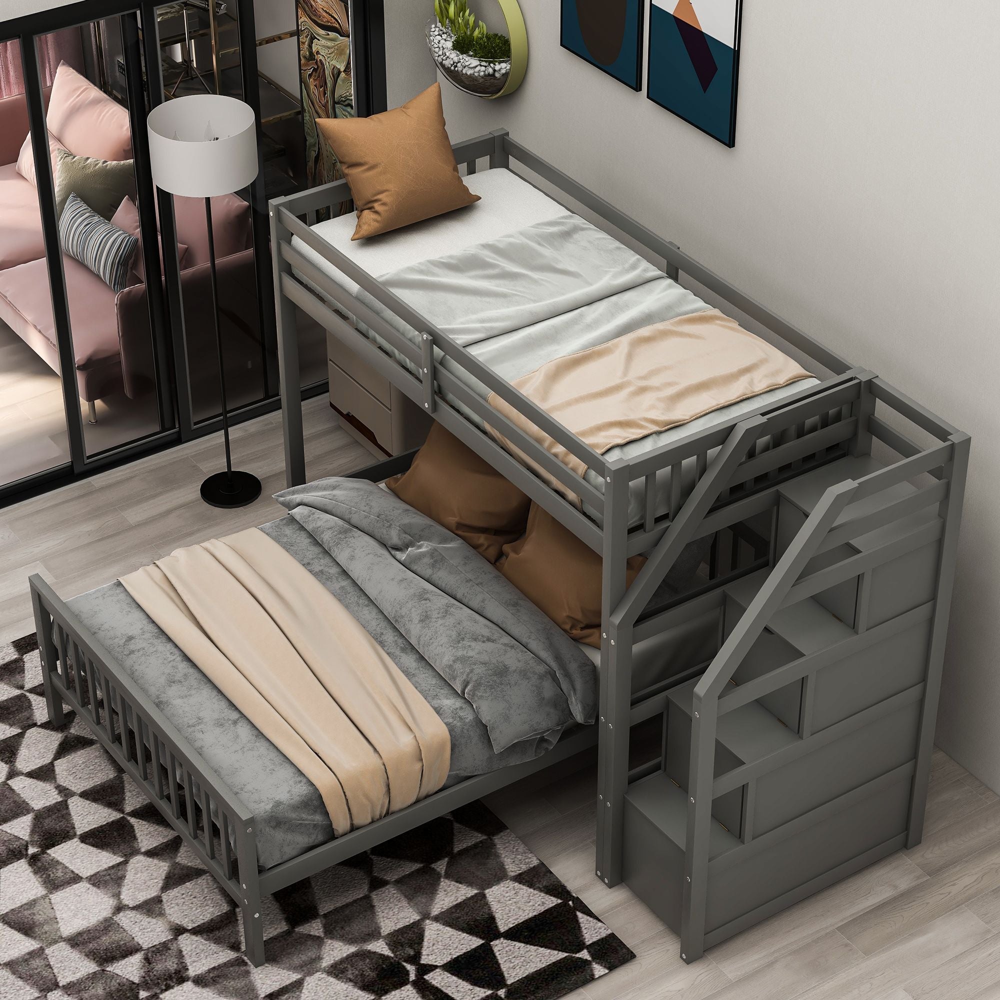 Space-Saving Twin over Full Wood Loft Bed with Staircase and Storage, Gray or White | Just Better Bunk Beds