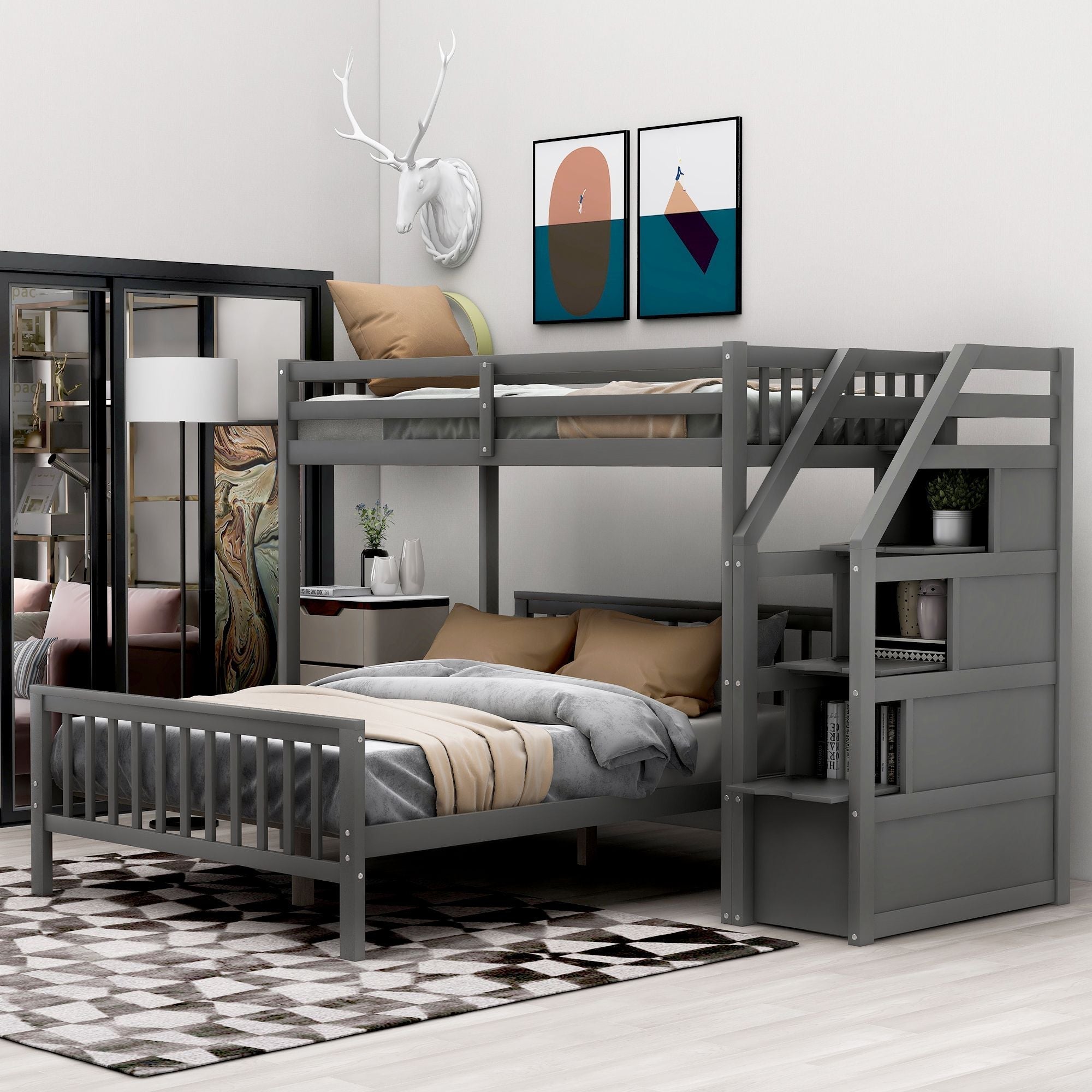 Space-Saving Twin over Full Wood Loft Bed with Staircase and Storage, Gray or White | Just Better Bunk Beds
