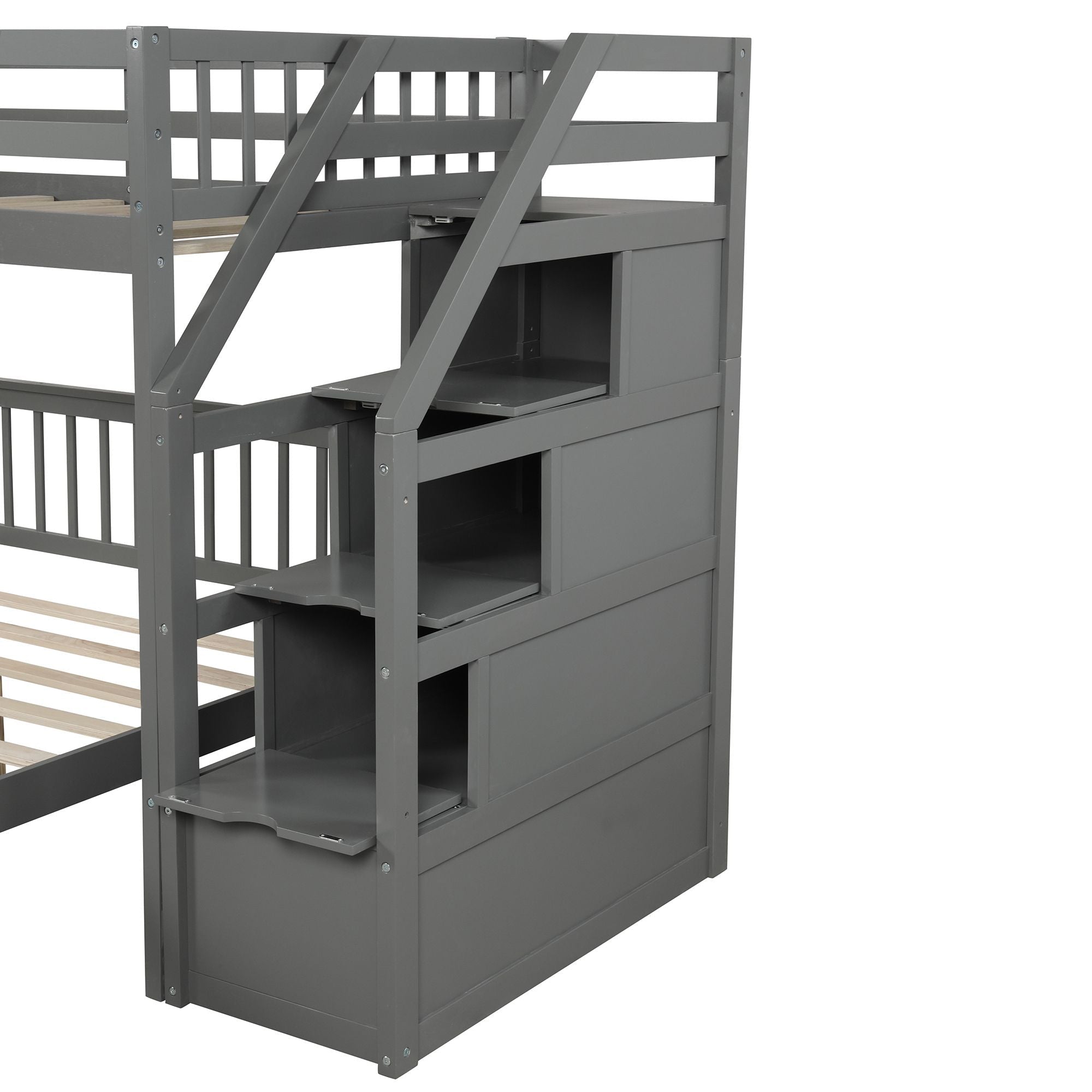 Space-Saving Twin over Full Wood Loft Bed with Staircase and Storage, Gray or White | Just Better Bunk Beds