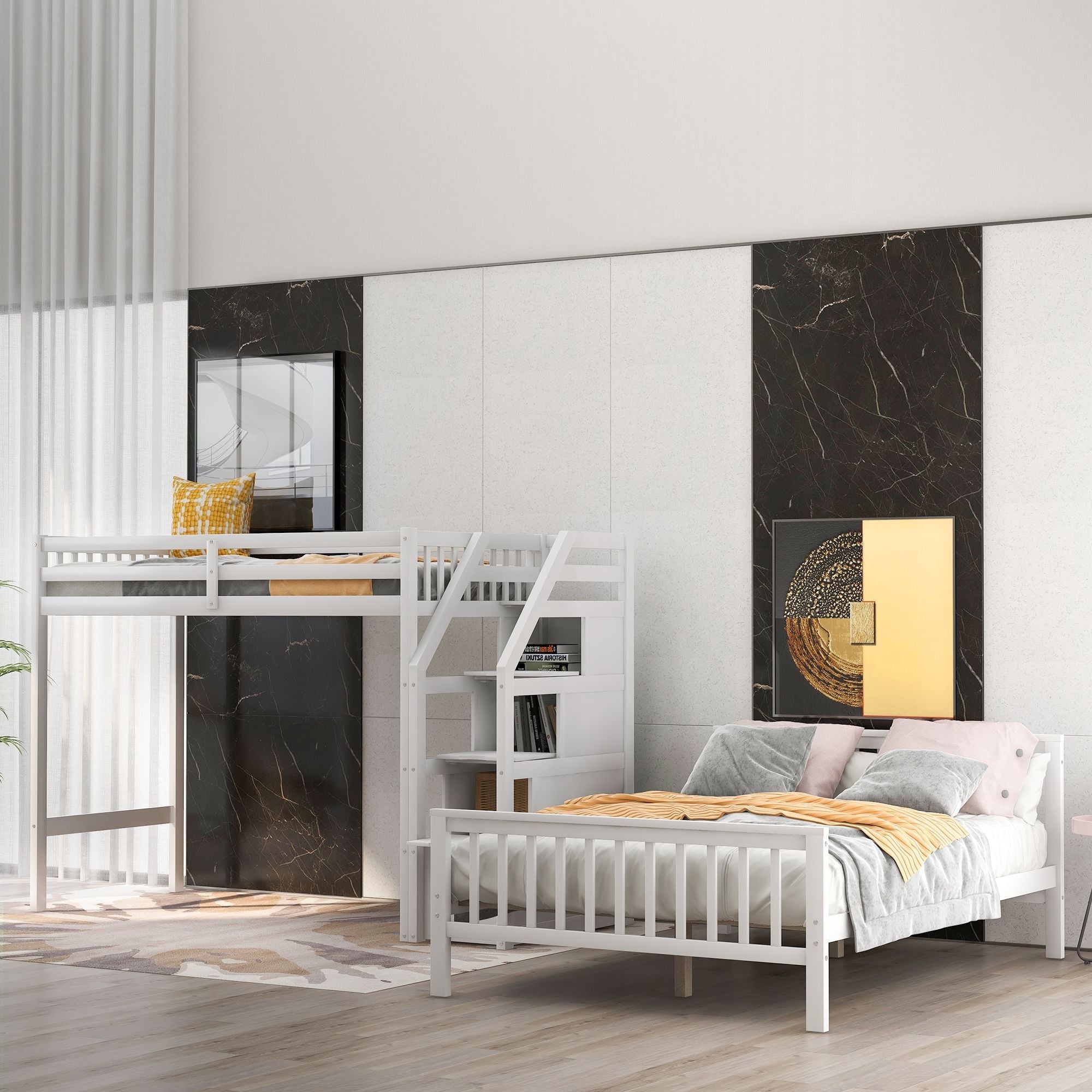 Space-Saving Twin over Full Wood Loft Bed with Staircase and Storage, Gray or White | Just Better Bunk Beds