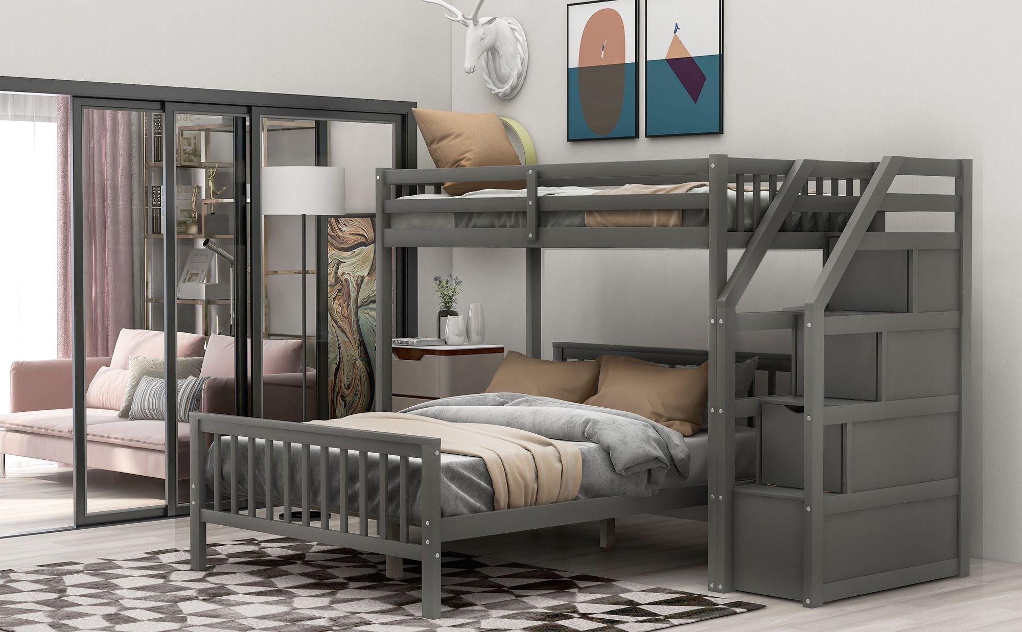 Space-Saving Twin over Full Wood Loft Bed with Staircase and Storage, Gray or White | Just Better Bunk Beds