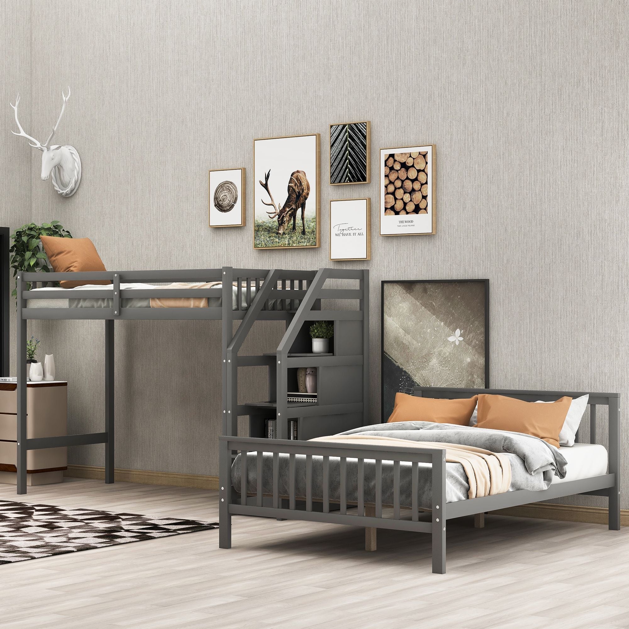 Space-Saving Twin over Full Wood Loft Bed with Staircase and Storage, Gray or White | Just Better Bunk Beds