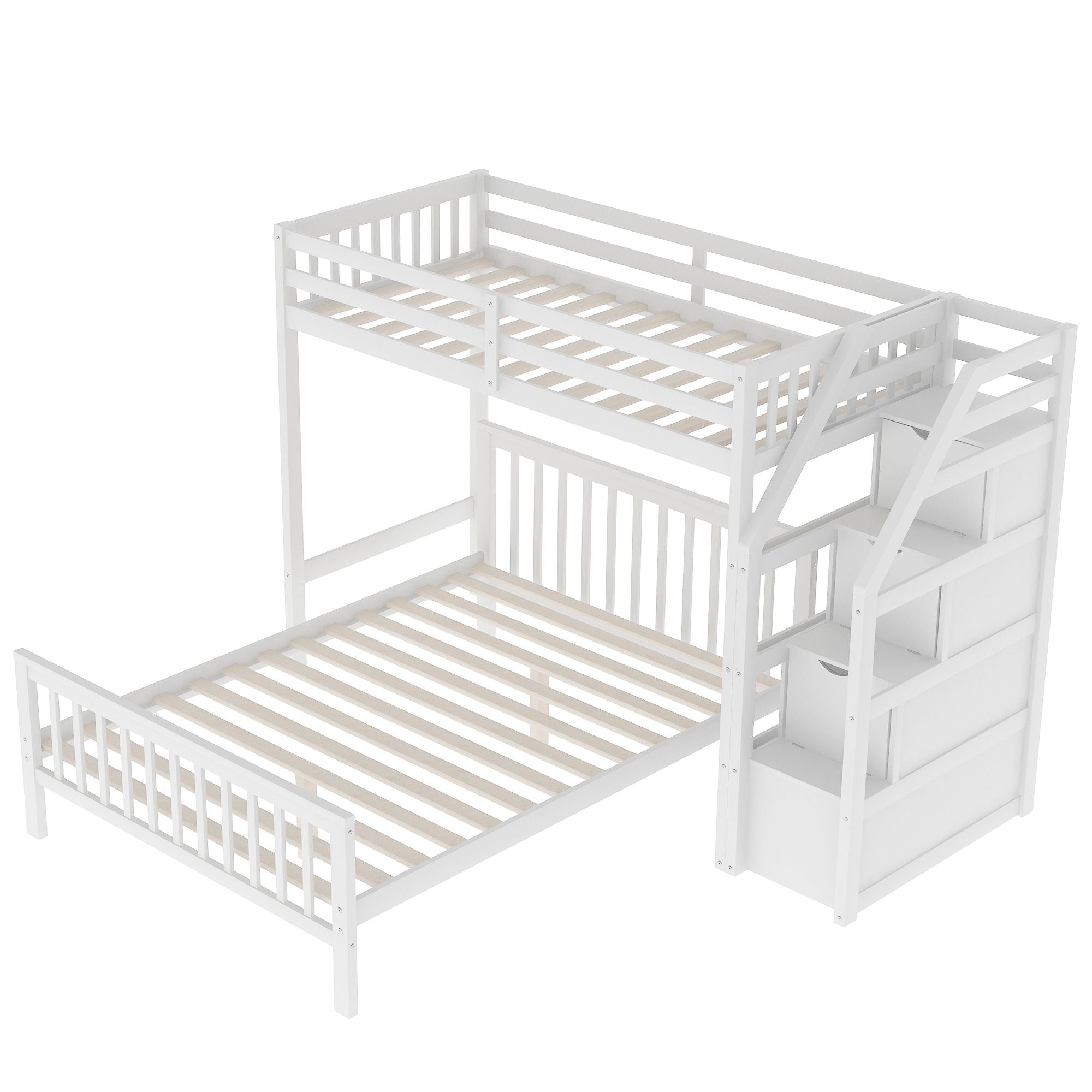 Space-Saving Twin over Full Wood Loft Bed with Staircase and Storage, Gray or White | Just Better Bunk Beds