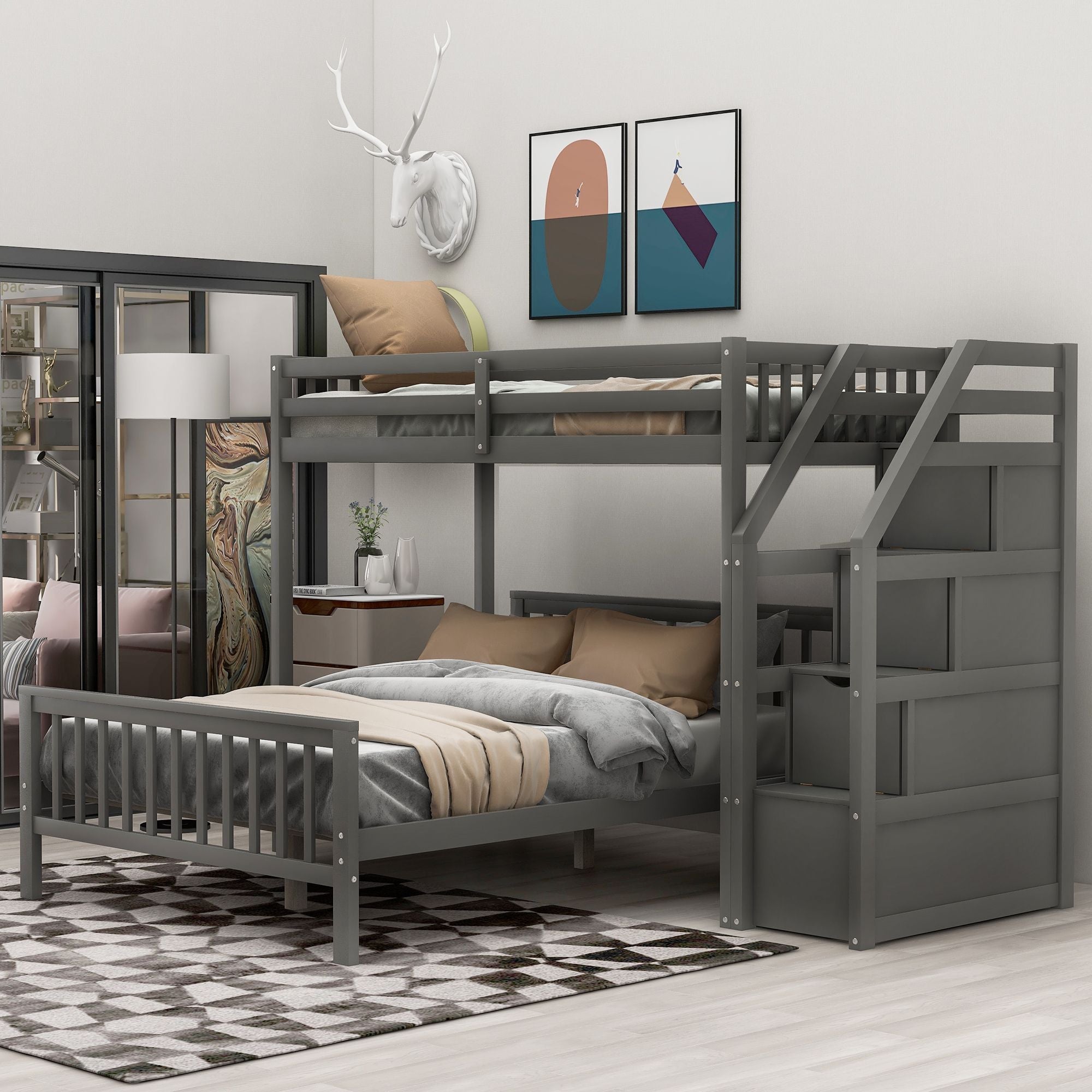 Space-Saving Twin over Full Wood Loft Bed with Staircase and Storage, Gray or White | Just Better Bunk Beds
