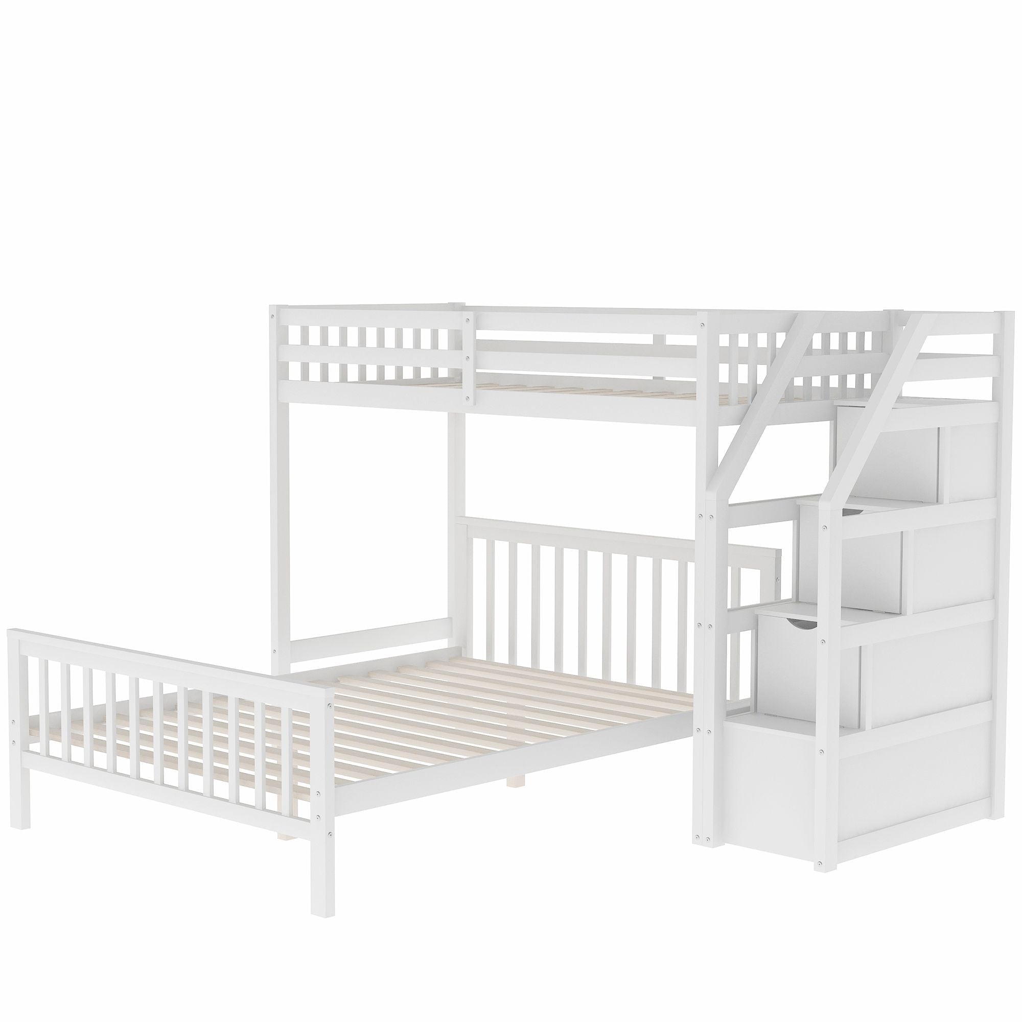 Space-Saving Twin over Full Wood Loft Bed with Staircase and Storage, Gray or White | Just Better Bunk Beds