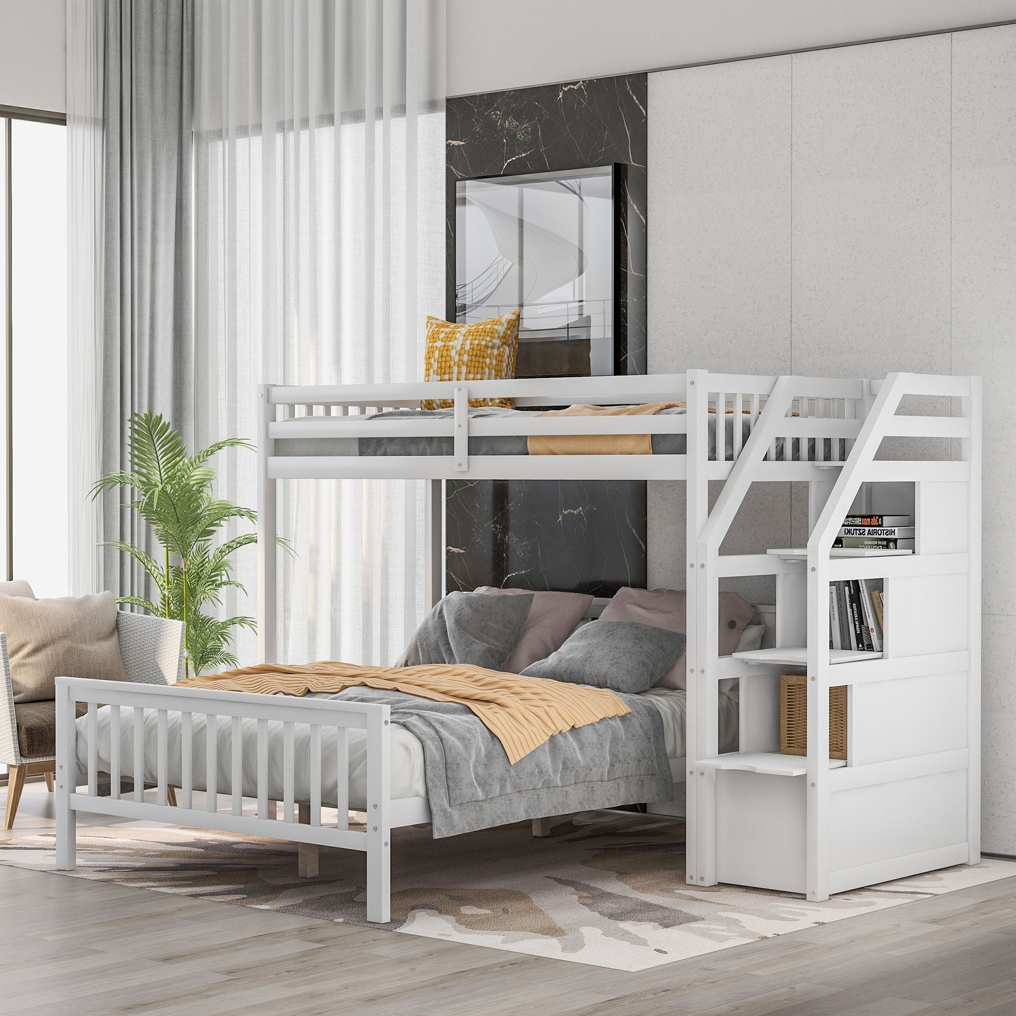 Space-Saving Twin over Full Wood Loft Bed with Staircase and Storage, Gray or White | Just Better Bunk Beds