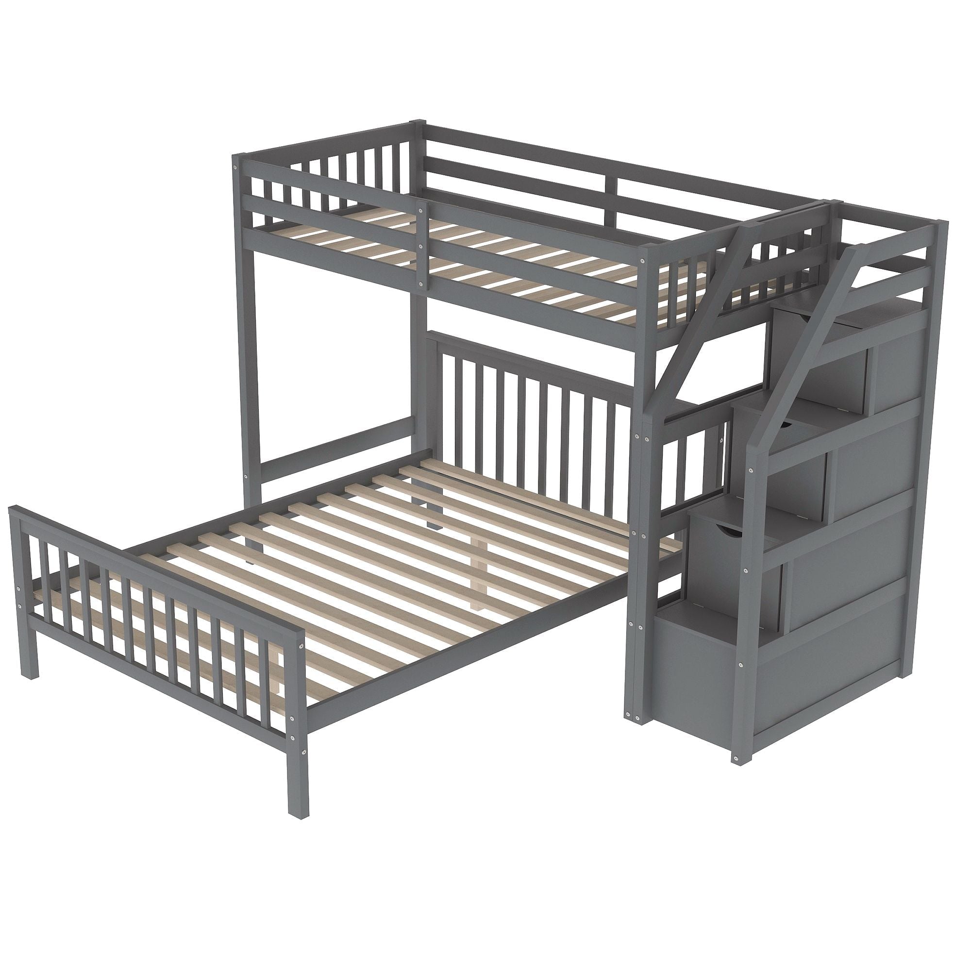Space-Saving Twin over Full Wood Loft Bed with Staircase and Storage, Gray or White | Just Better Bunk Beds