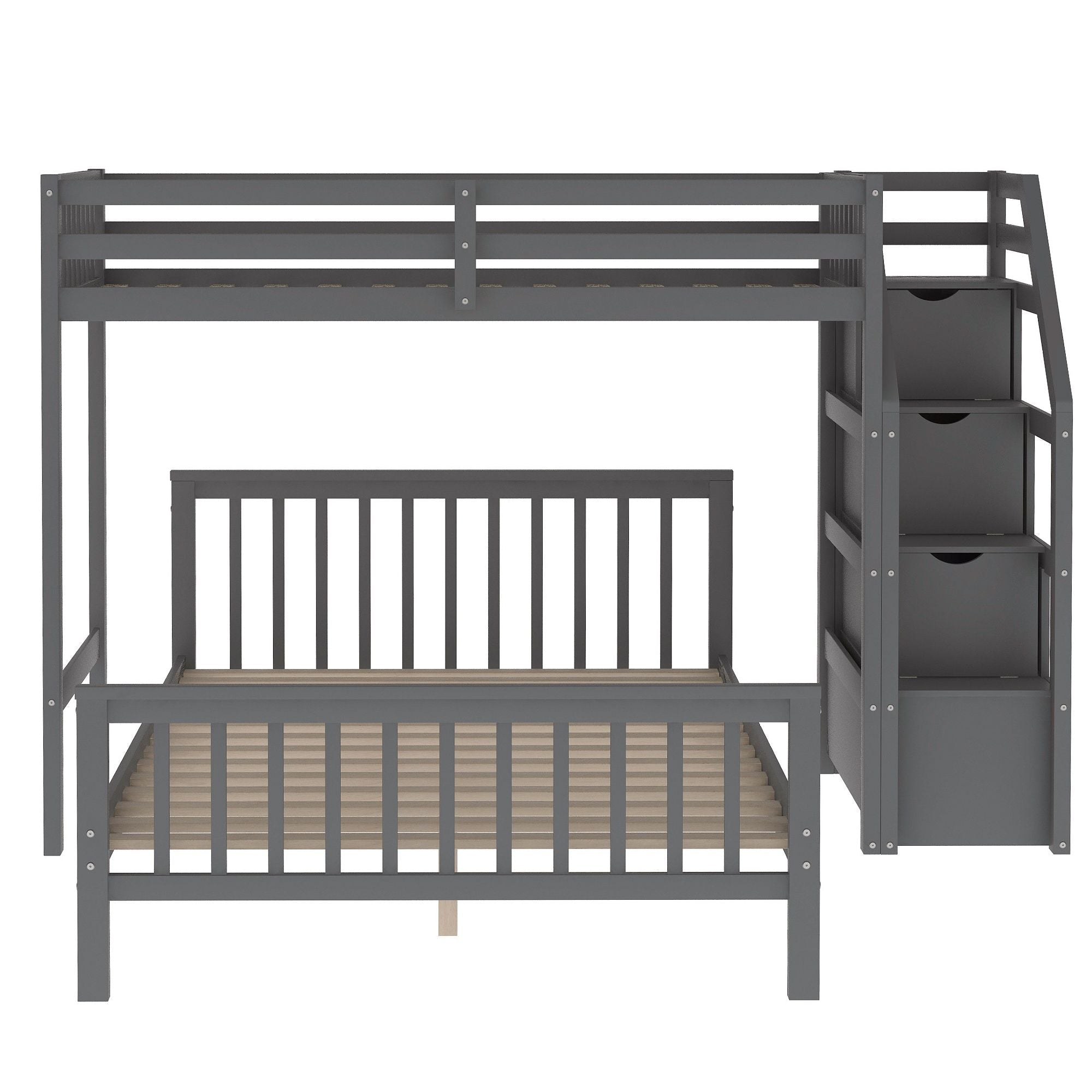 Space-Saving Twin over Full Wood Loft Bed with Staircase and Storage, Gray or White | Just Better Bunk Beds