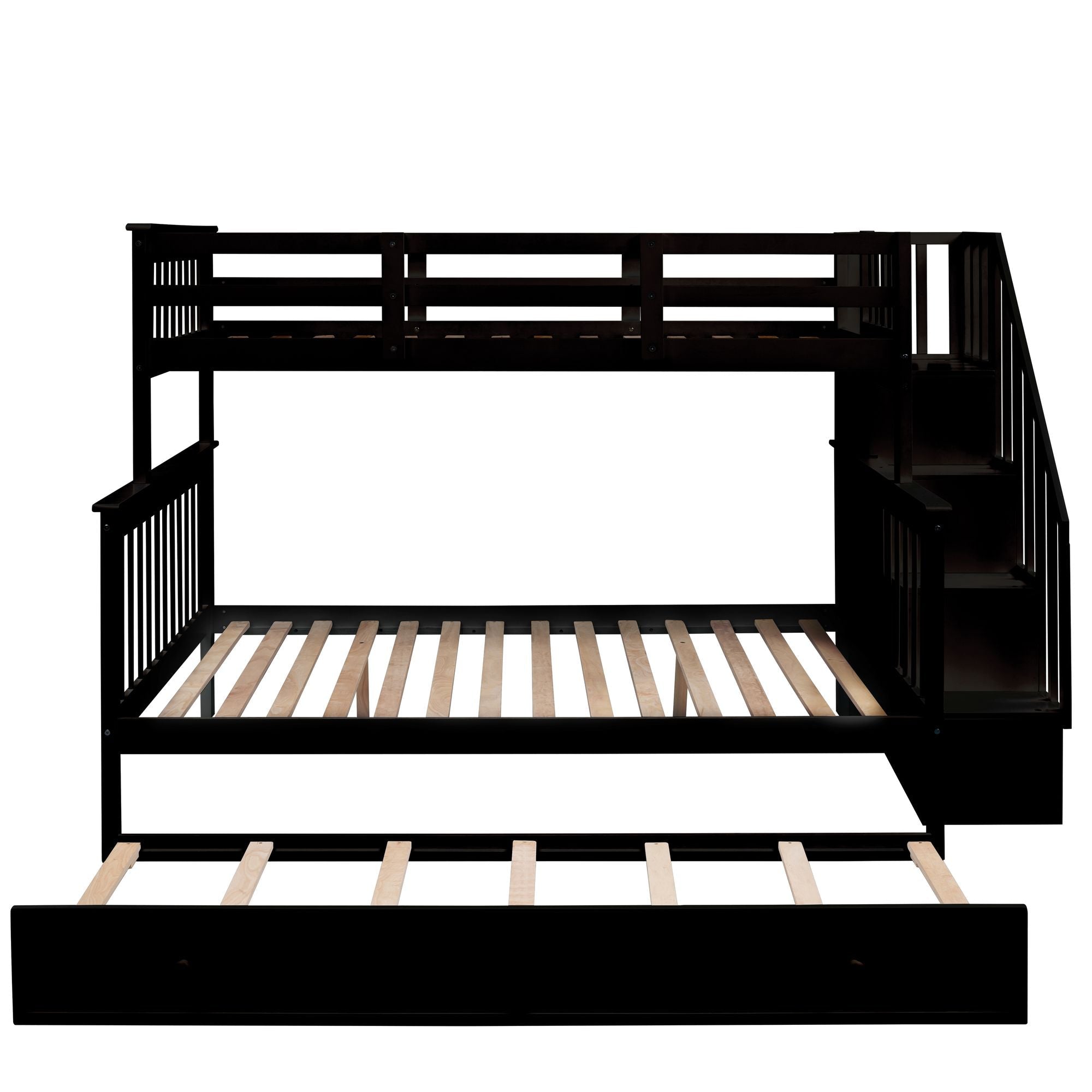 Space-Saving Twin-Over-Full Wooden Bunk Bed with Twin Trundle, Storage Shelves, and Guard Rails in Espresso | Just Better Bunk Beds