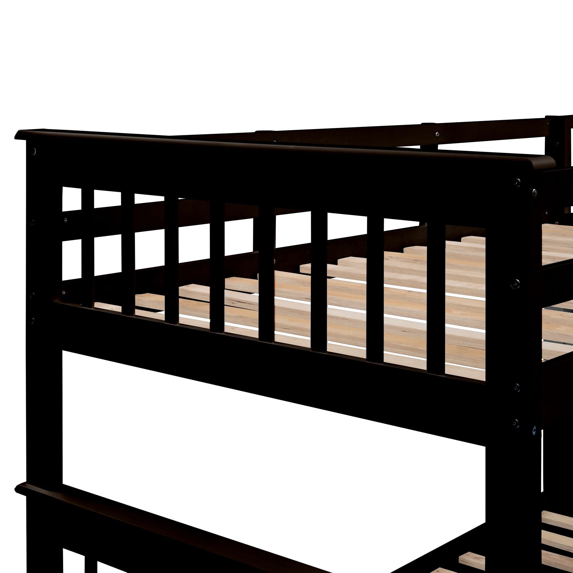 Space-Saving Twin-Over-Full Wooden Bunk Bed with Twin Trundle, Storage Shelves, and Guard Rails in Espresso | Just Better Bunk Beds