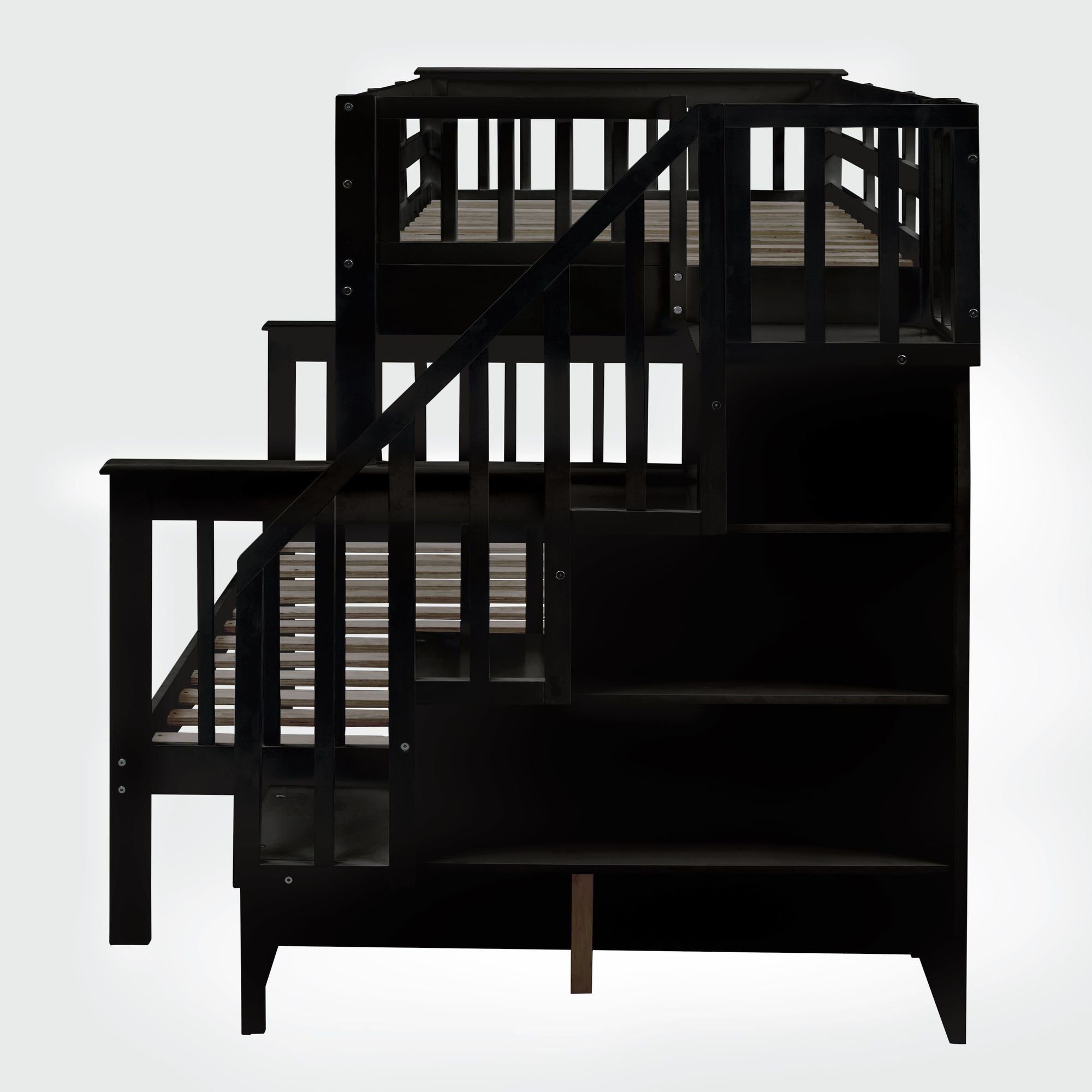 Space-Saving Twin-Over-Full Wooden Bunk Bed with Twin Trundle, Storage Shelves, and Guard Rails in Espresso | Just Better Bunk Beds