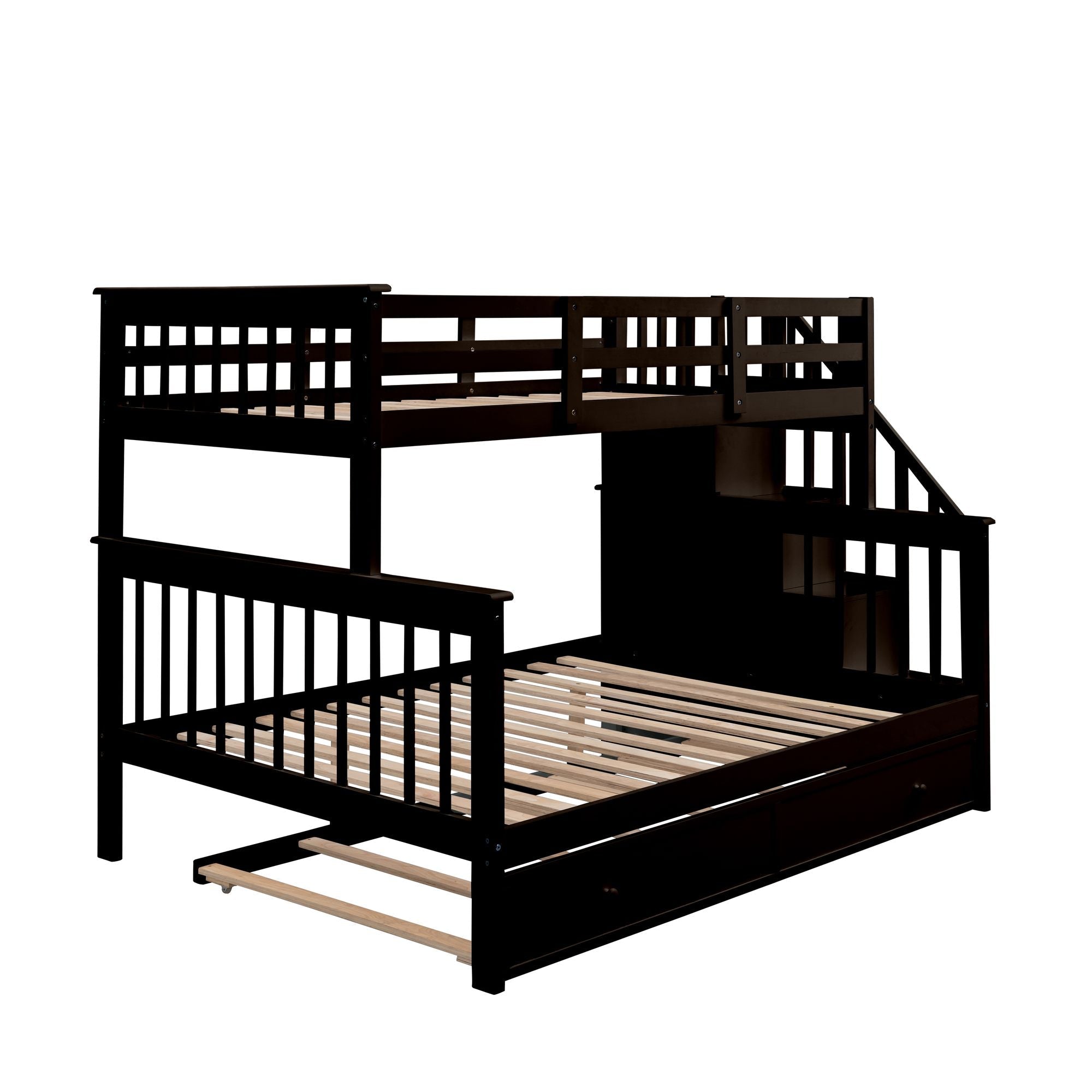 Space-Saving Twin-Over-Full Wooden Bunk Bed with Twin Trundle, Storage Shelves, and Guard Rails in Espresso | Just Better Bunk Beds