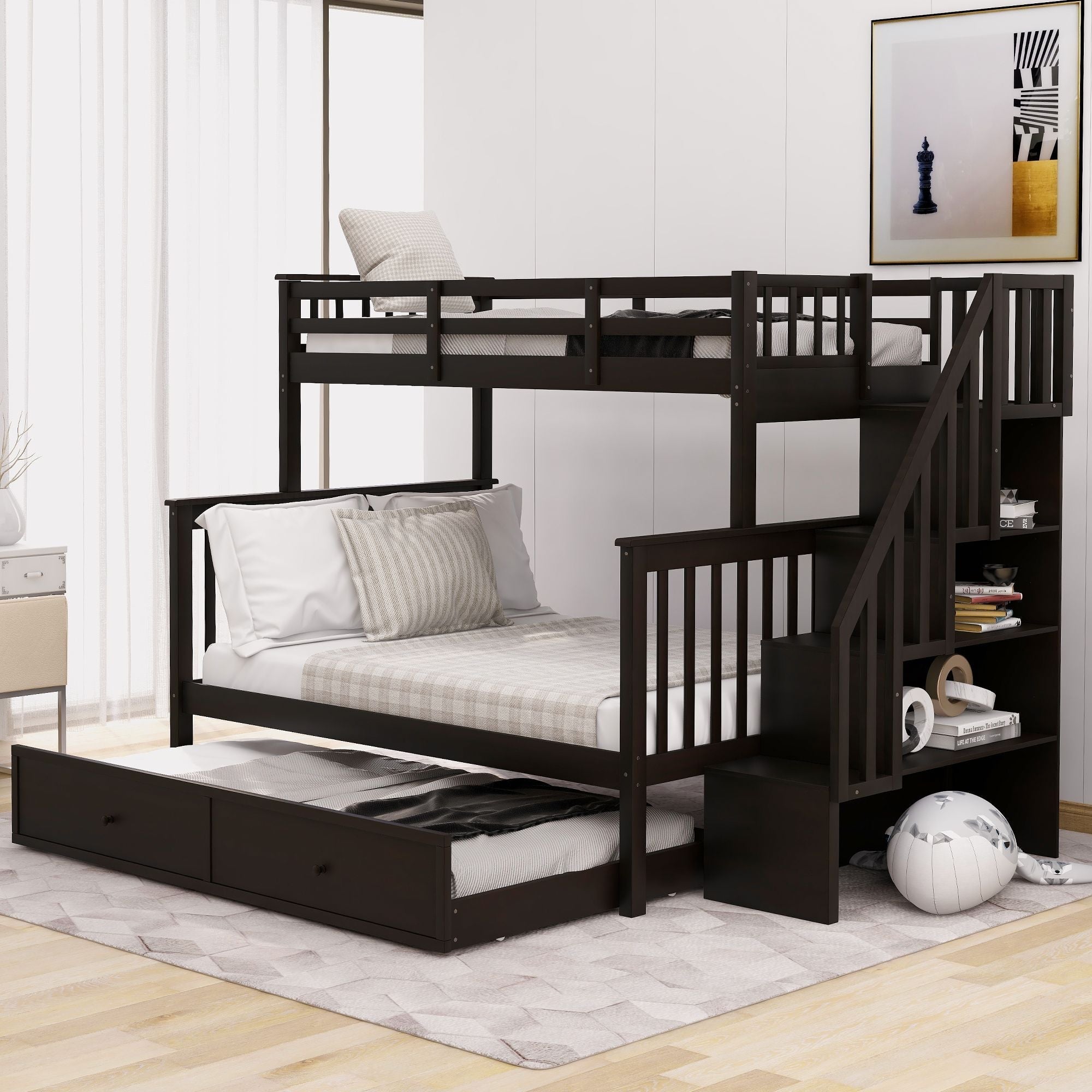 Space-Saving Twin-Over-Full Wooden Bunk Bed with Twin Trundle, Storage Shelves, and Guard Rails in Espresso | Just Better Bunk Beds