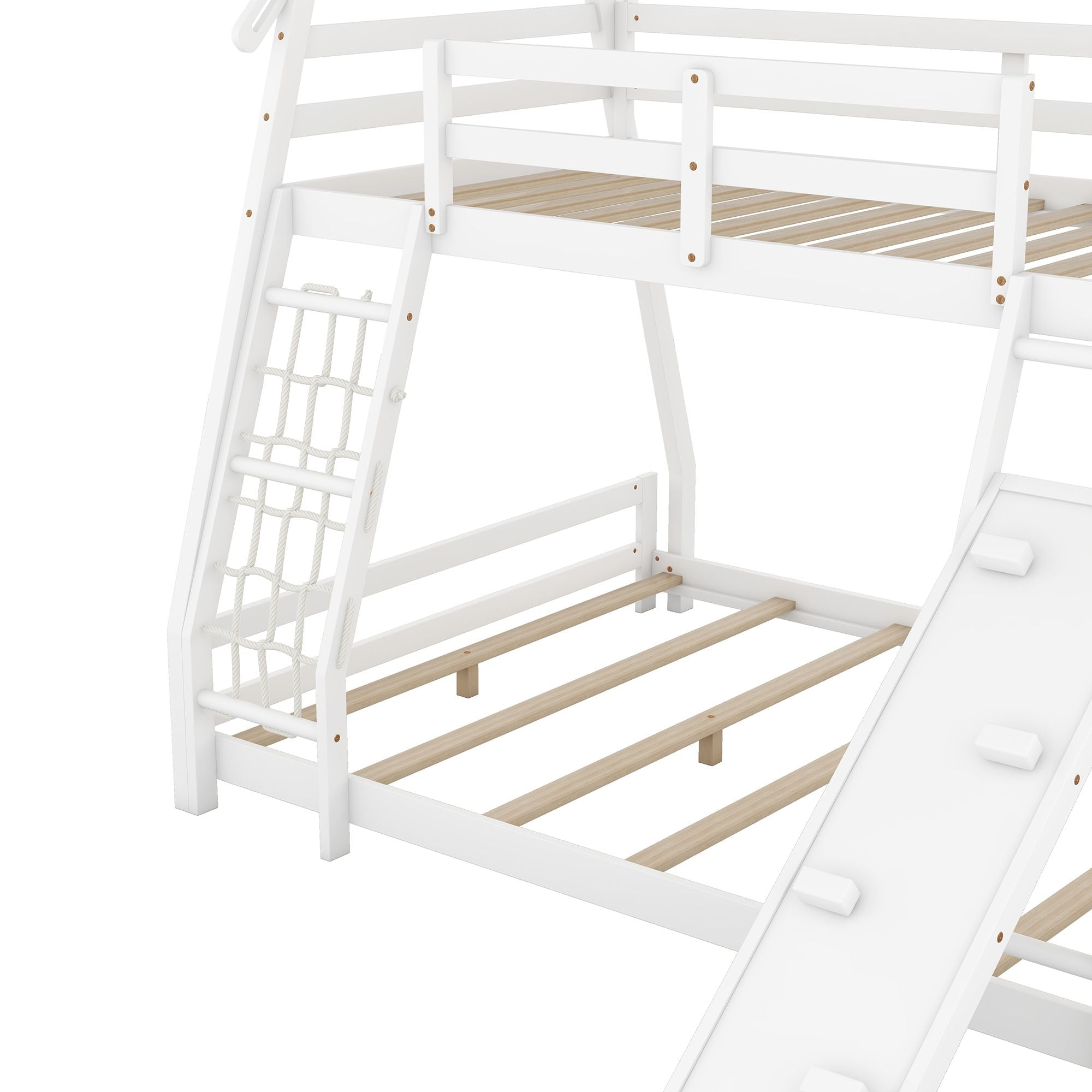 Space-Saving Twin Over Queen Wood Bunk Bed with Climbing Nets and Ramp in White | Just Better Bunk Beds