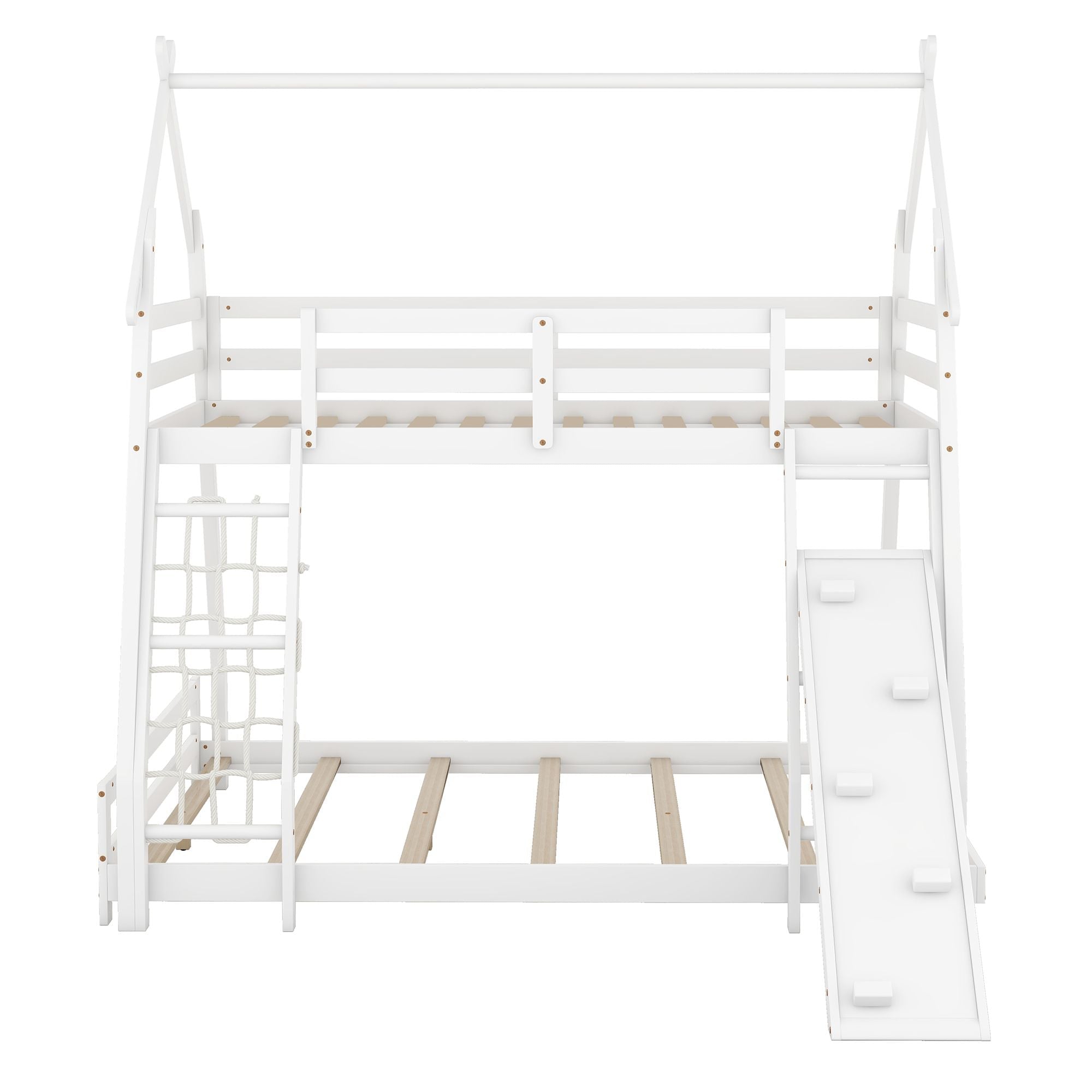 Space-Saving Twin Over Queen Wood Bunk Bed with Climbing Nets and Ramp in White | Just Better Bunk Beds