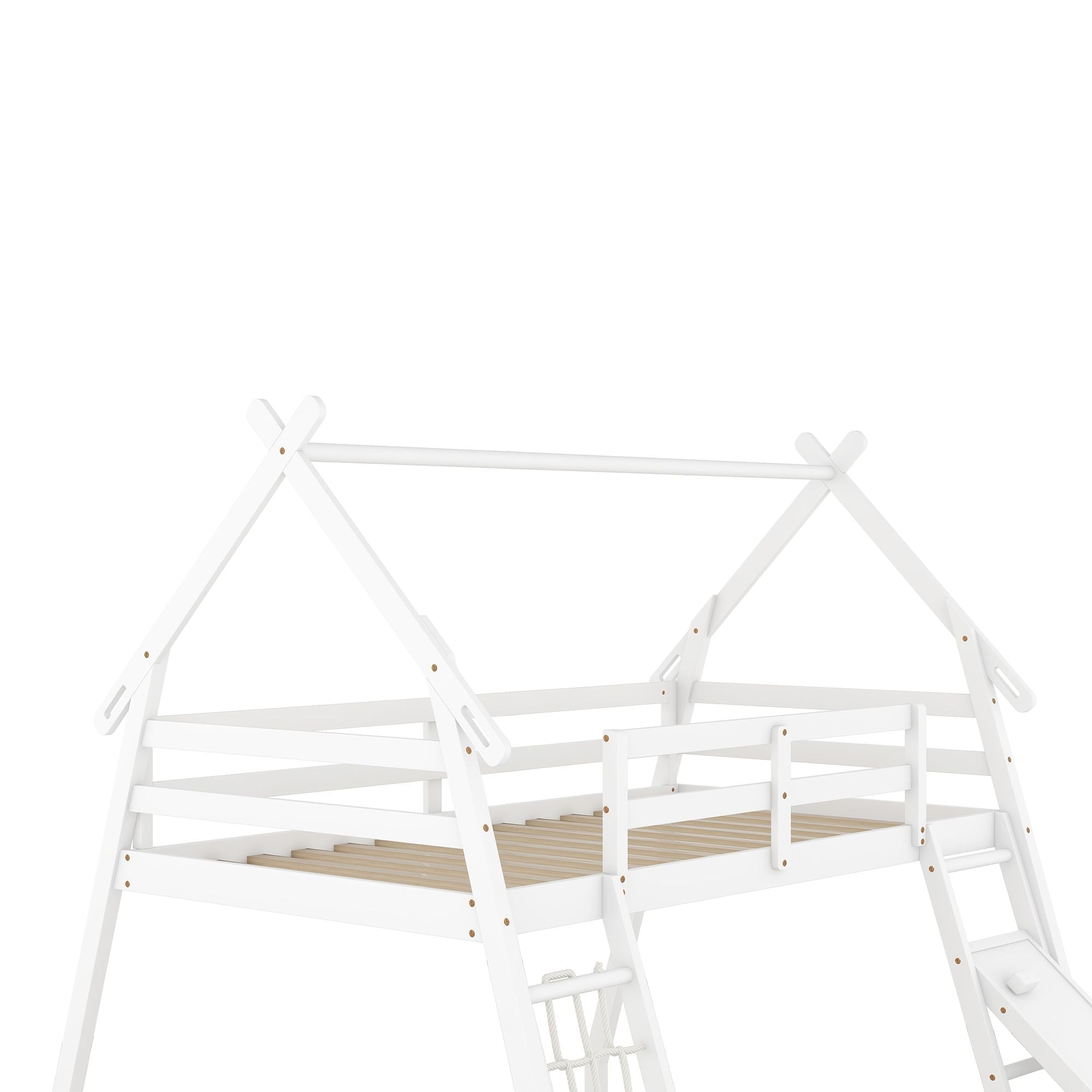Space-Saving Twin Over Queen Wood Bunk Bed with Climbing Nets and Ramp in White | Just Better Bunk Beds