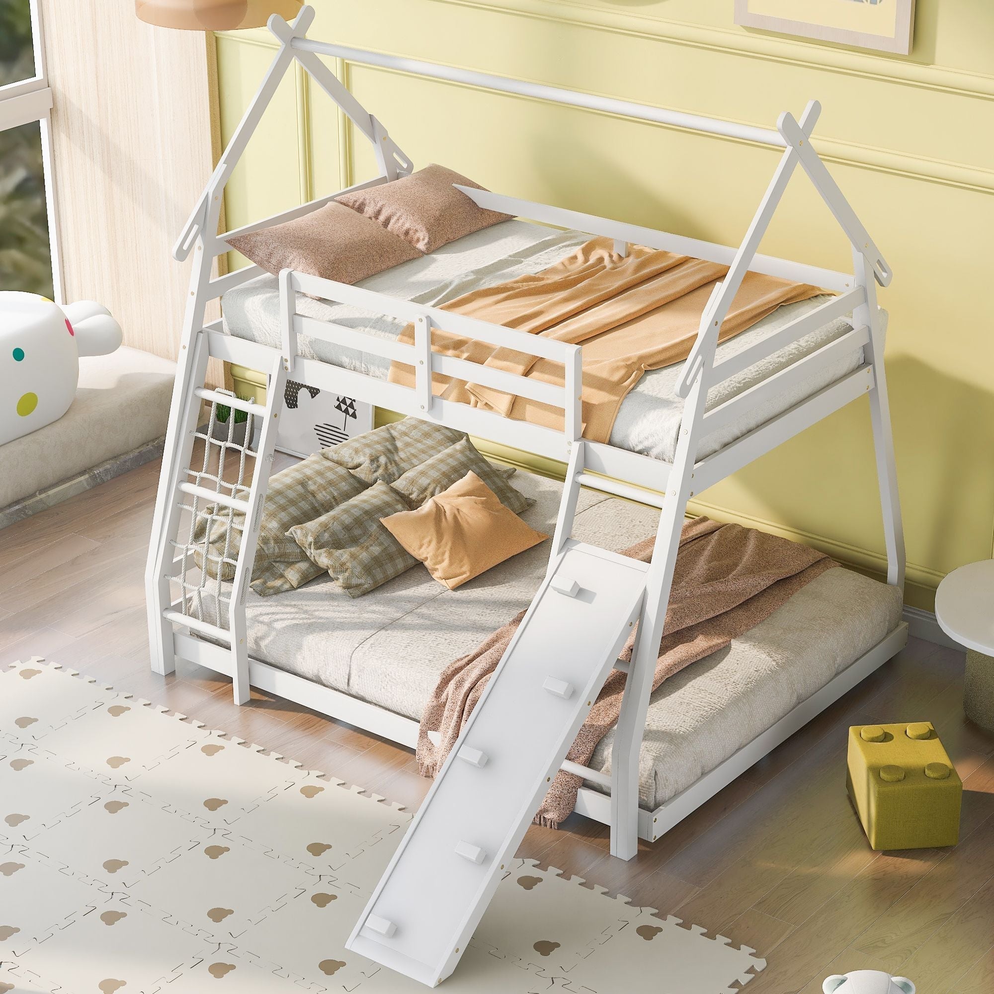 Space-Saving Twin Over Queen Wood Bunk Bed with Climbing Nets and Ramp in White | Just Better Bunk Beds