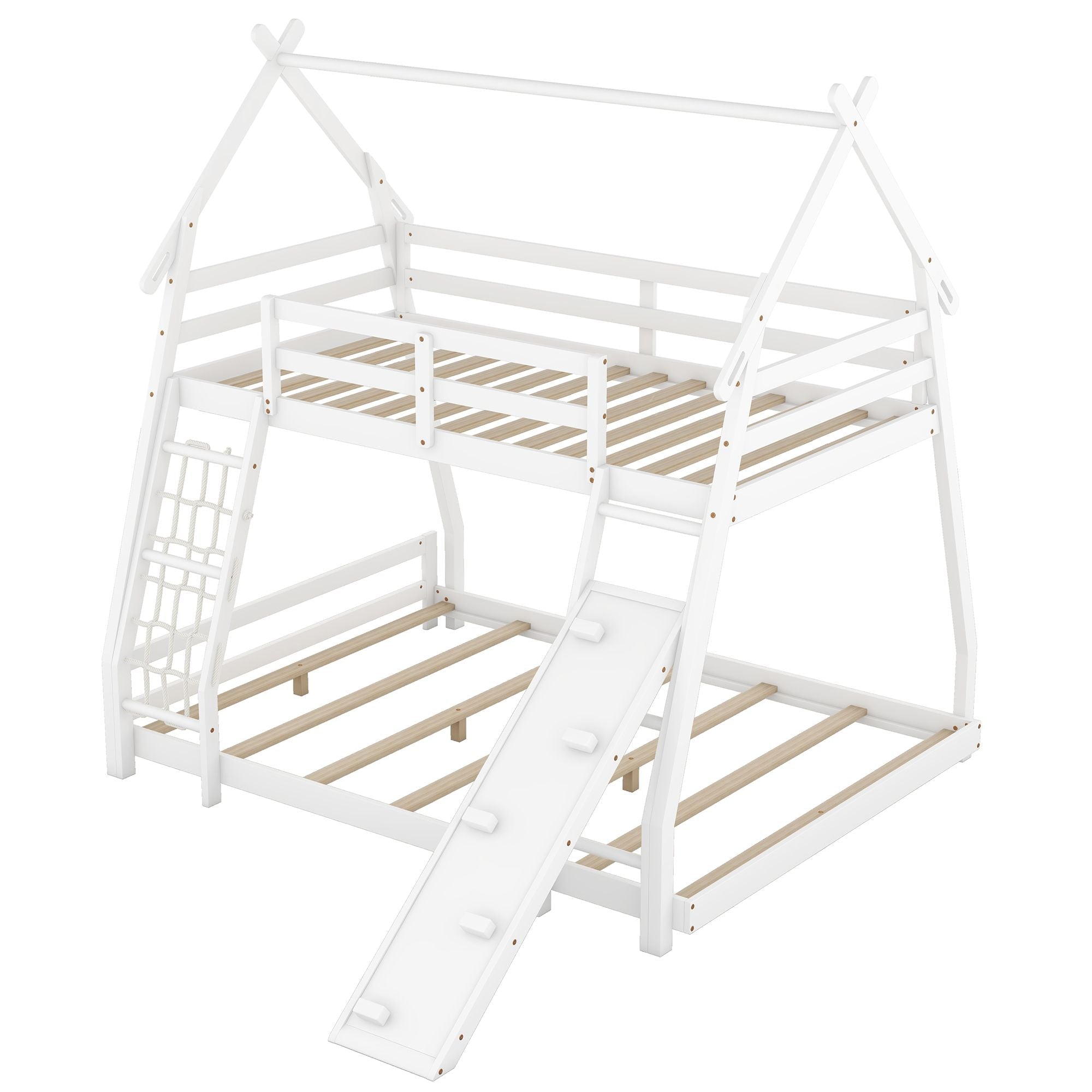 Space-Saving Twin Over Queen Wood Bunk Bed with Climbing Nets and Ramp in White | Just Better Bunk Beds