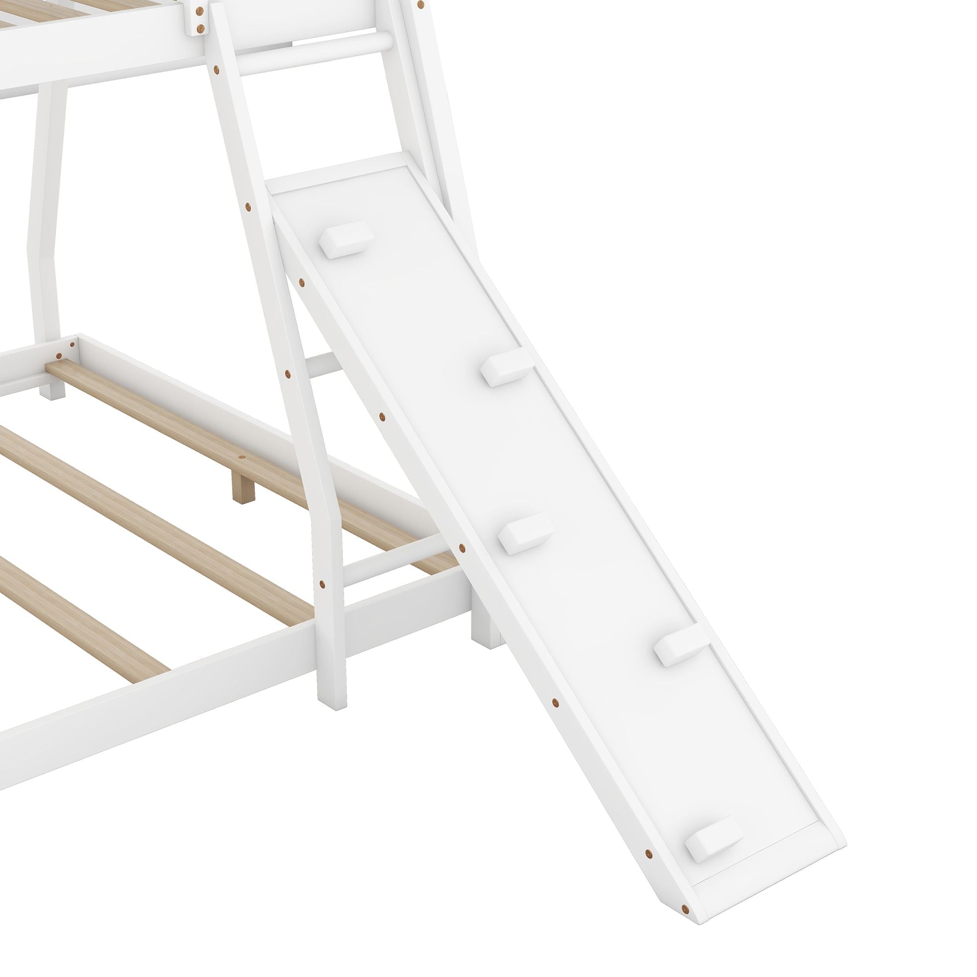 Space-Saving Twin Over Queen Wood Bunk Bed with Climbing Nets and Ramp in White | Just Better Bunk Beds