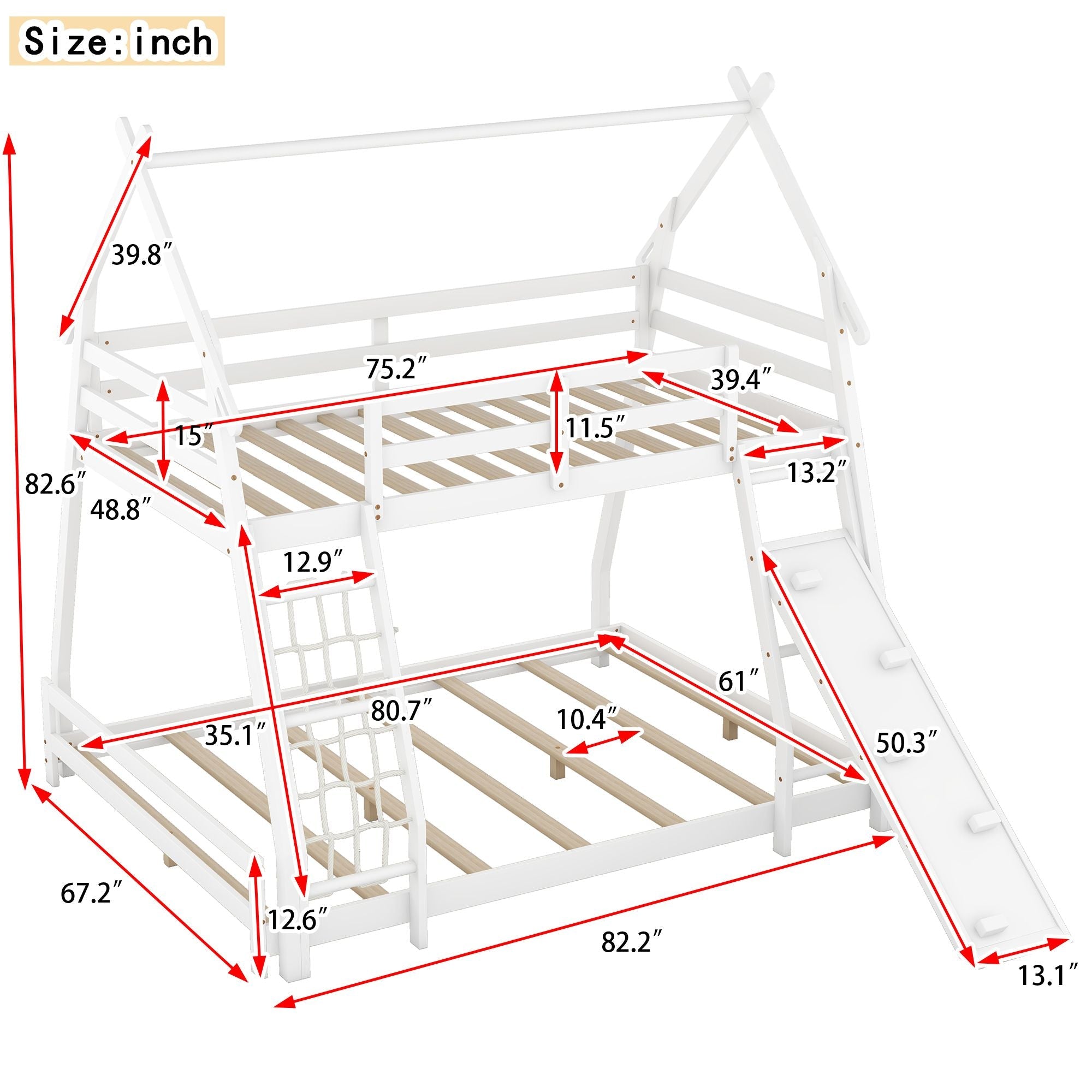 Space-Saving Twin Over Queen Wood Bunk Bed with Climbing Nets and Ramp in White | Just Better Bunk Beds