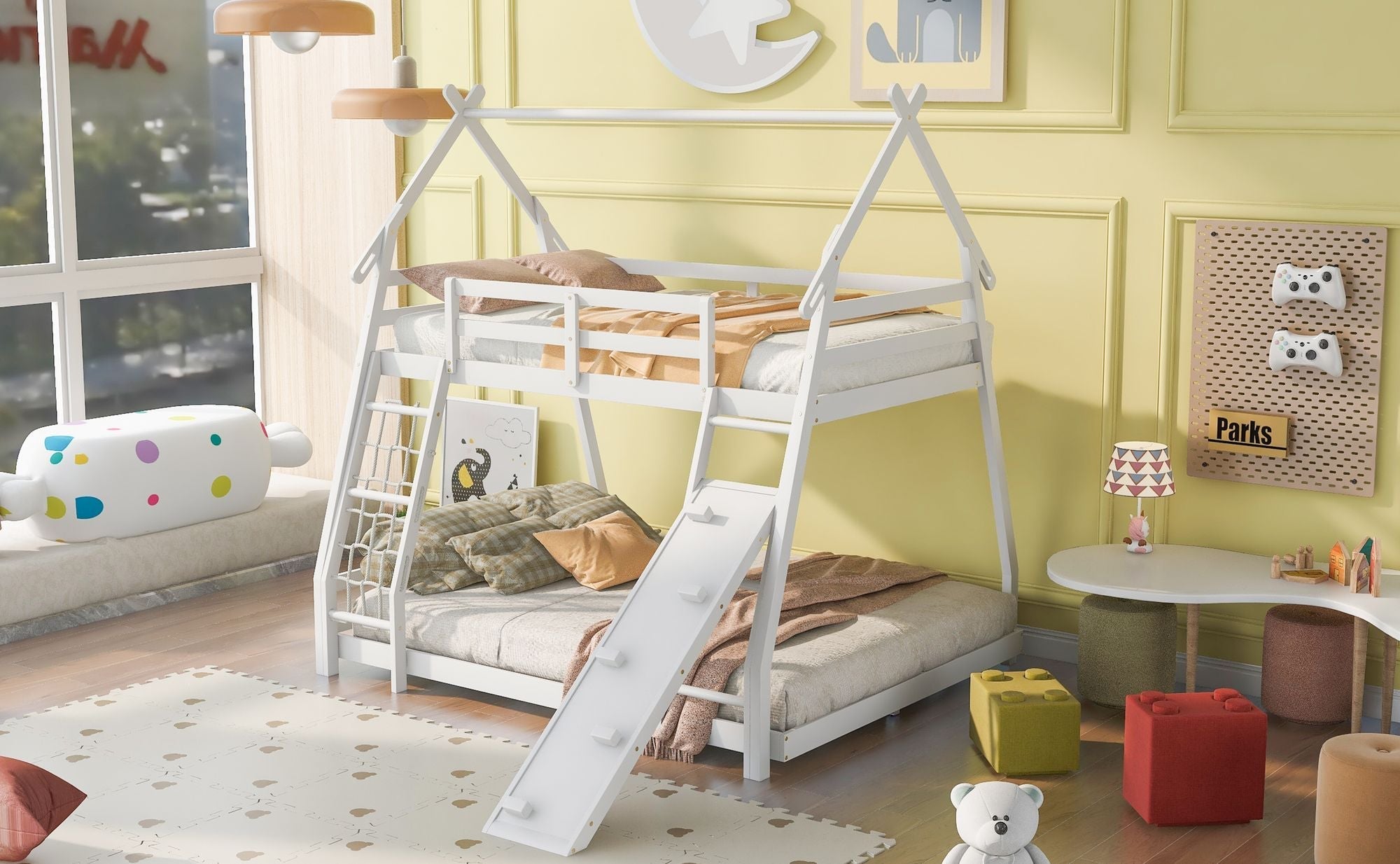 Space-Saving Twin Over Queen Wood Bunk Bed with Climbing Nets and Ramp in White | Just Better Bunk Beds