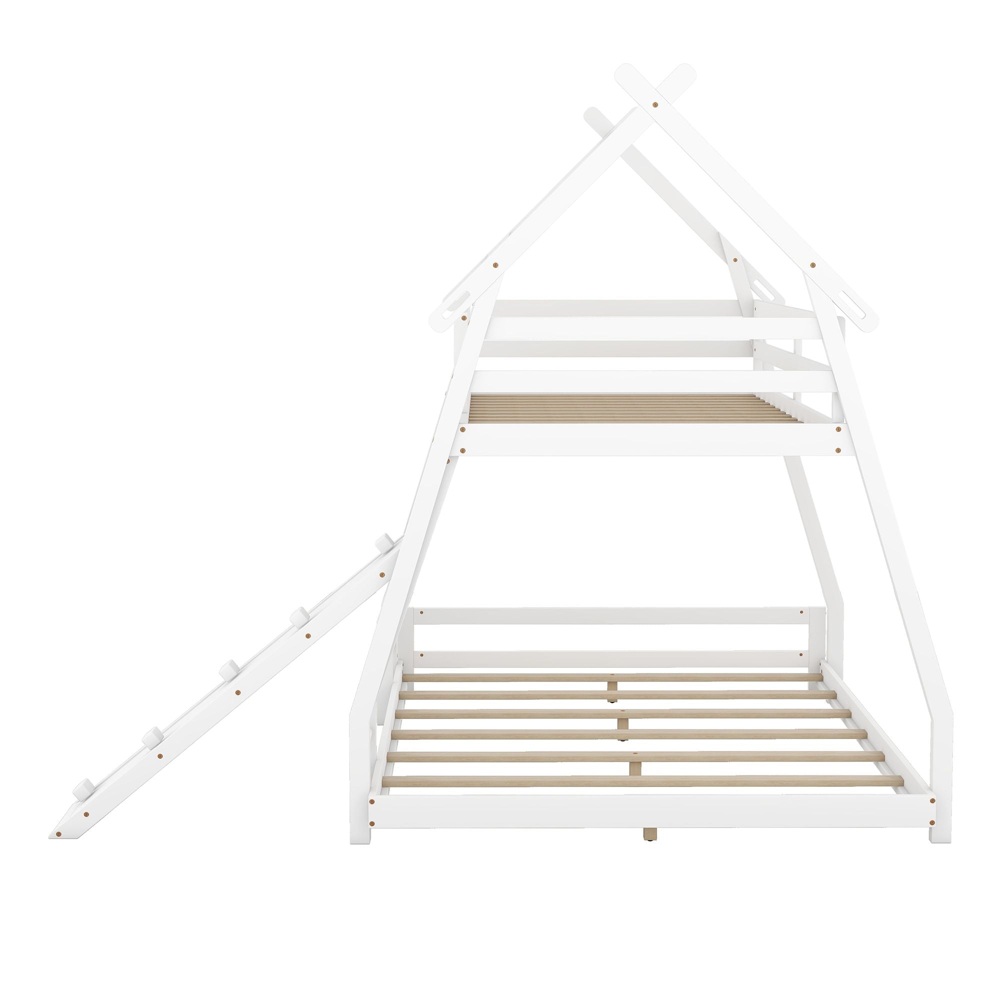 Space-Saving Twin Over Queen Wood Bunk Bed with Climbing Nets and Ramp in White | Just Better Bunk Beds