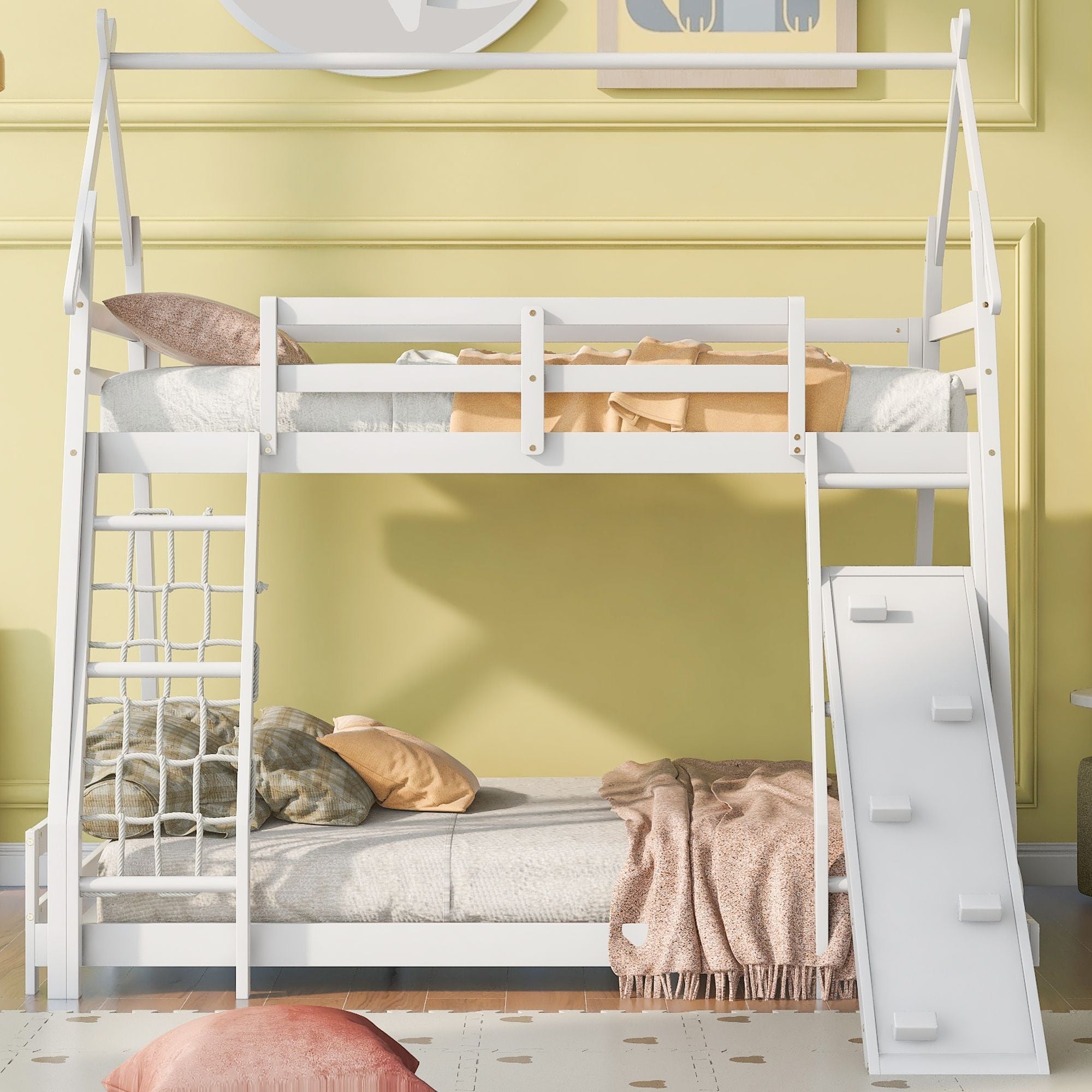 Space-Saving Twin Over Queen Wood Bunk Bed with Climbing Nets and Ramp in White | Just Better Bunk Beds