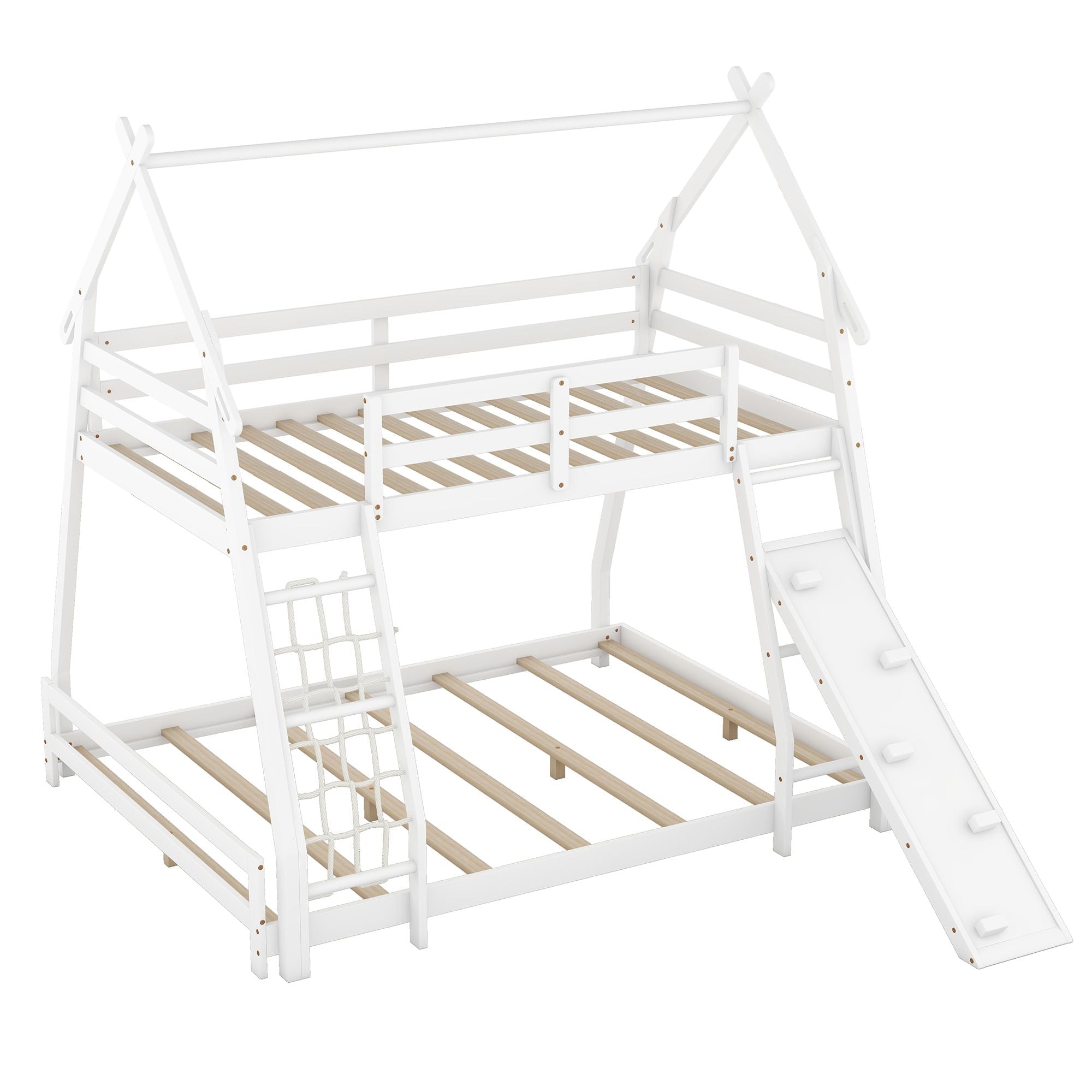 Space-Saving Twin Over Queen Wood Bunk Bed with Climbing Nets and Ramp in White | Just Better Bunk Beds