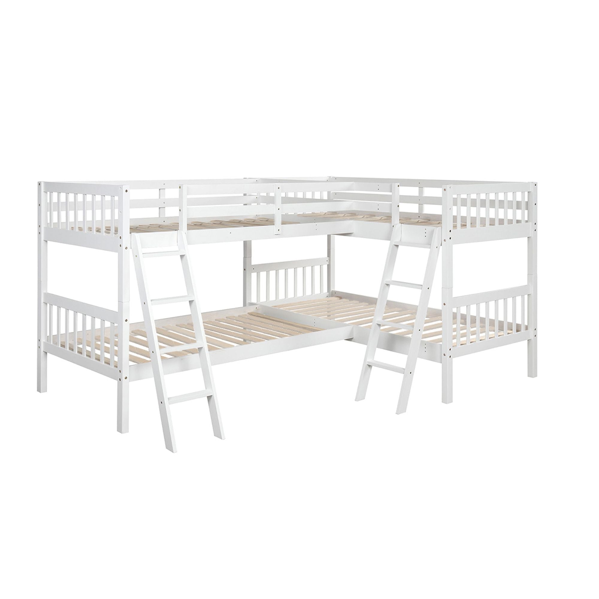 Space-Saving Twin-Over-Twin L-Shaped Wood Bunk Bed with Ladder and Safety Guardrail, Gray | Just Better Bunk Beds