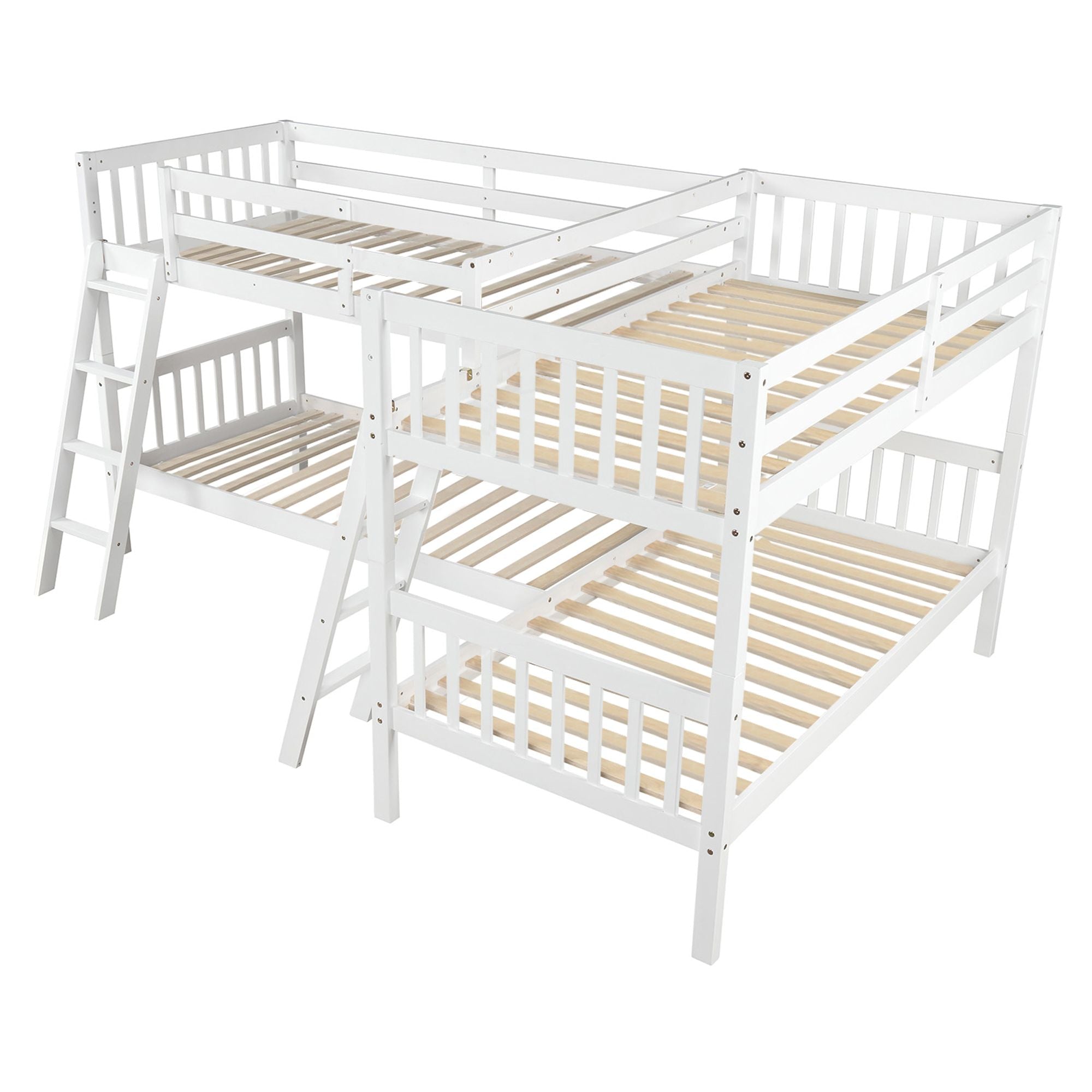 Space-Saving Twin-Over-Twin L-Shaped Wood Bunk Bed with Ladder and Safety Guardrail, Gray | Just Better Bunk Beds