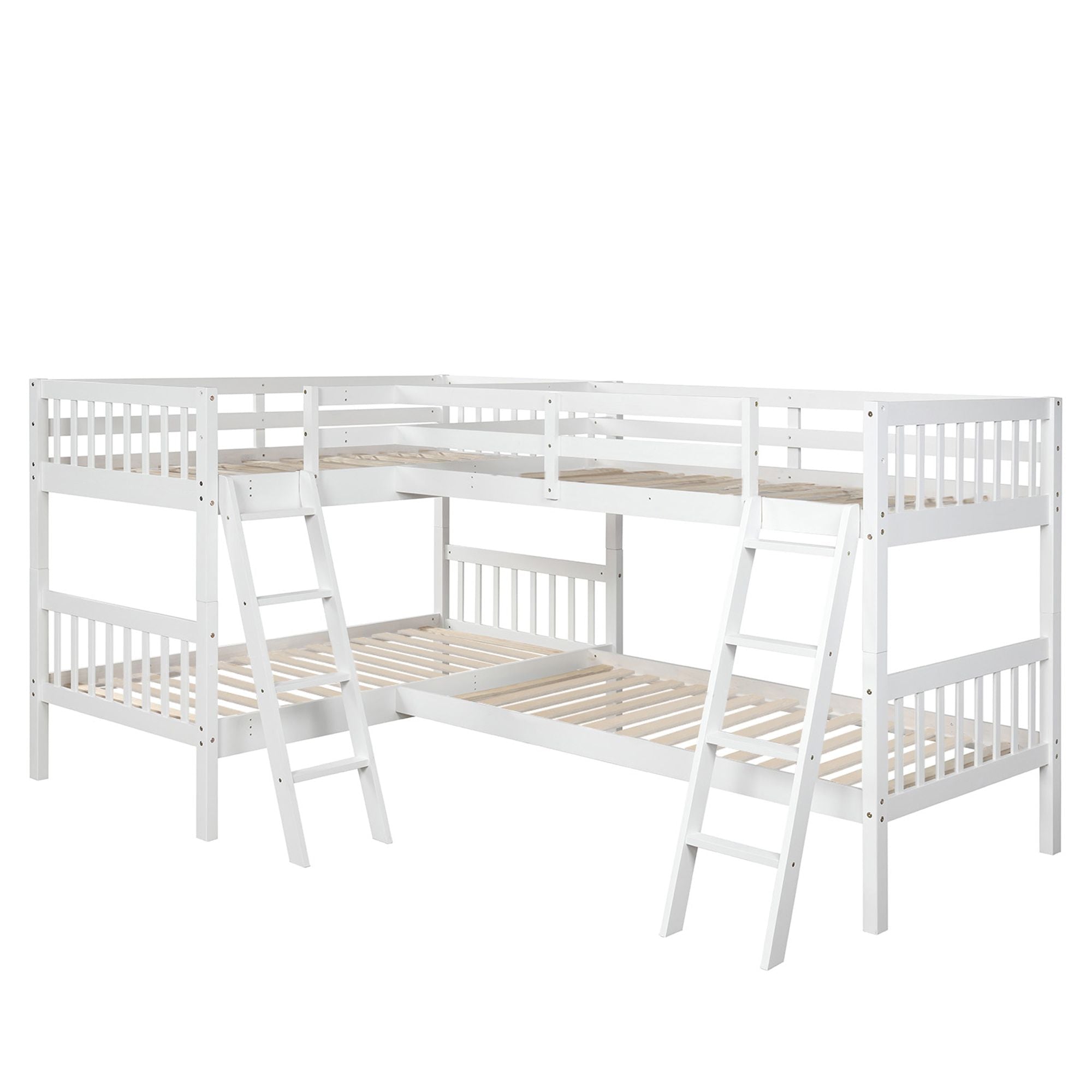 Space-Saving Twin-Over-Twin L-Shaped Wood Bunk Bed with Ladder and Safety Guardrail, Gray | Just Better Bunk Beds