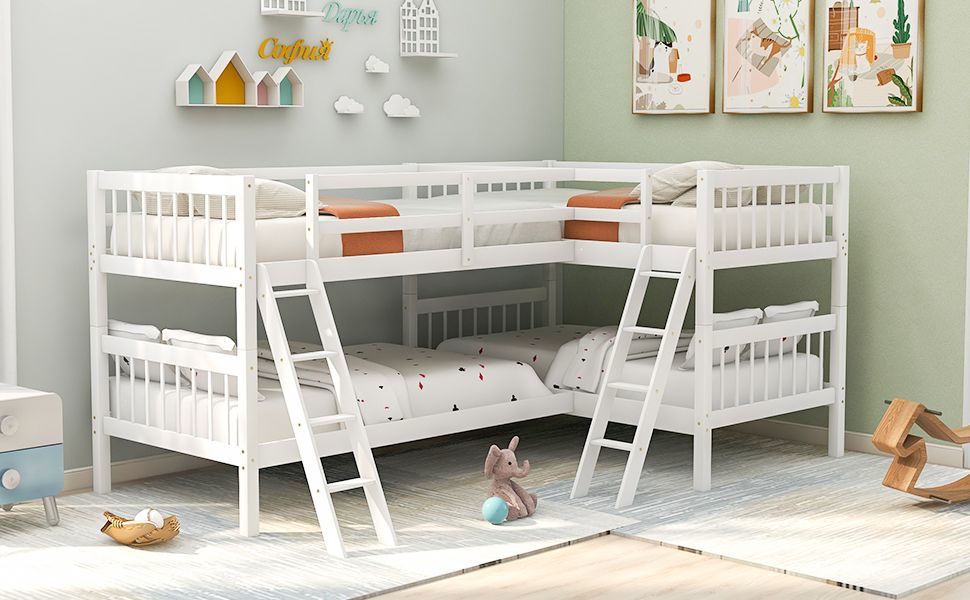 Space-Saving Twin-Over-Twin L-Shaped Wood Bunk Bed with Ladder and Safety Guardrail, Gray | Just Better Bunk Beds