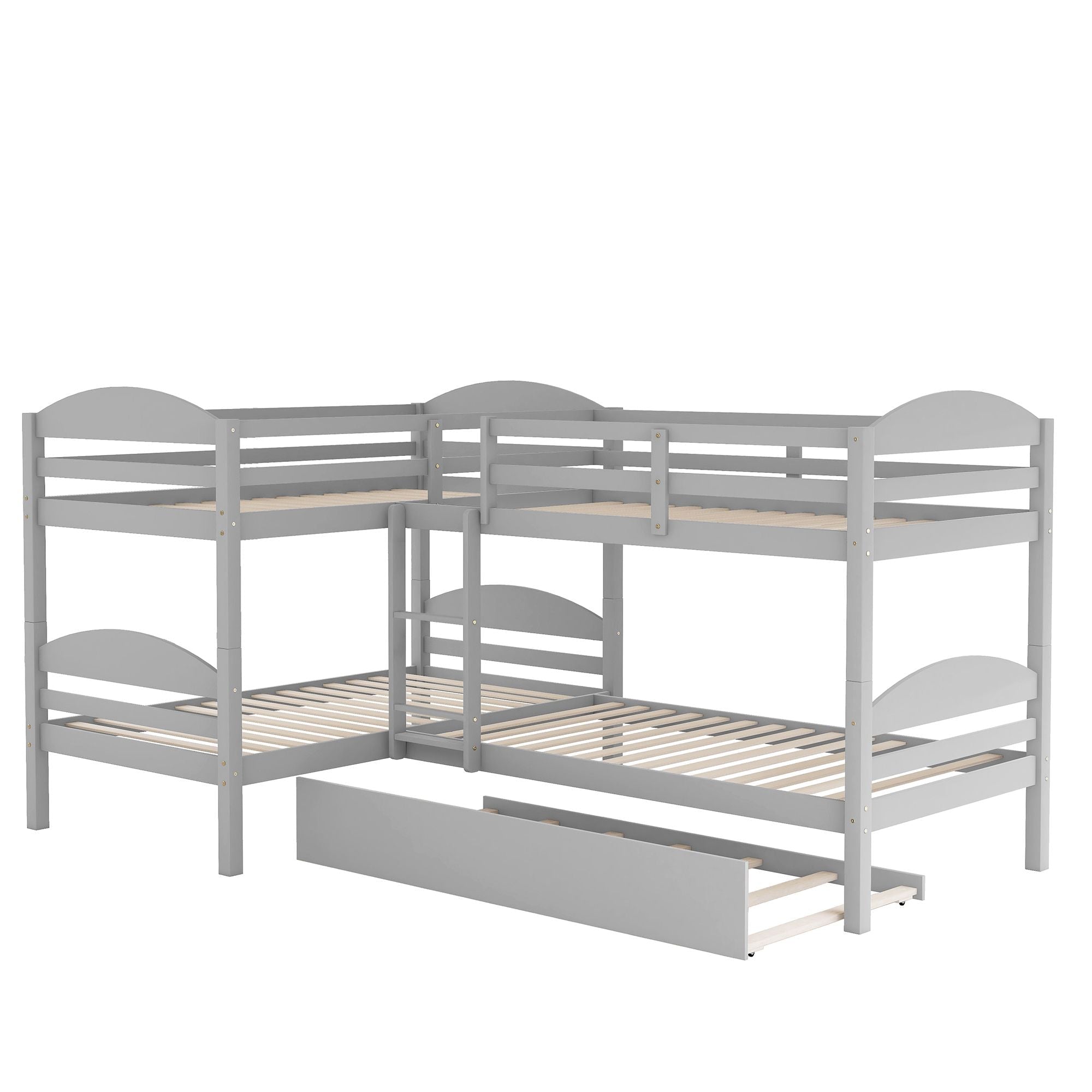 Space-Saving Twin-Over-Twin L-Shaped Wood Bunk Bed with Trundle and Gray Finish | Just Better Bunk Beds