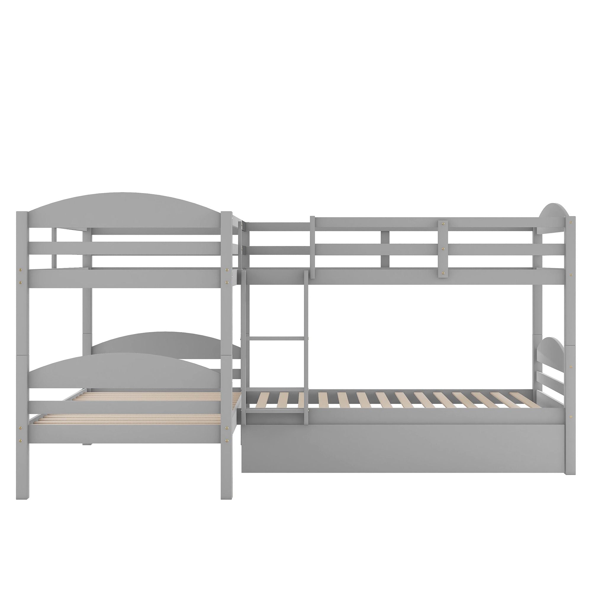 Space-Saving Twin-Over-Twin L-Shaped Wood Bunk Bed with Trundle and Gray Finish | Just Better Bunk Beds