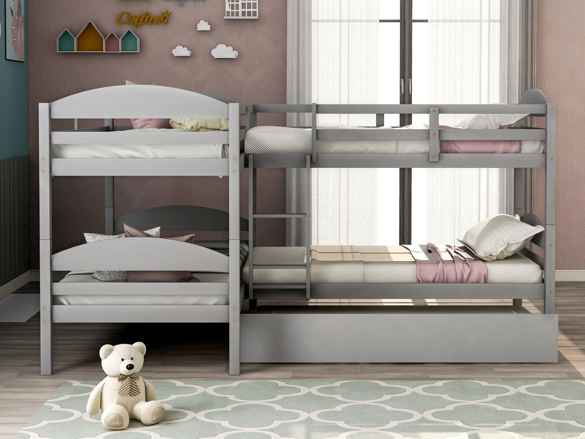 Space-Saving Twin-Over-Twin L-Shaped Wood Bunk Bed with Trundle and Gray Finish | Just Better Bunk Beds