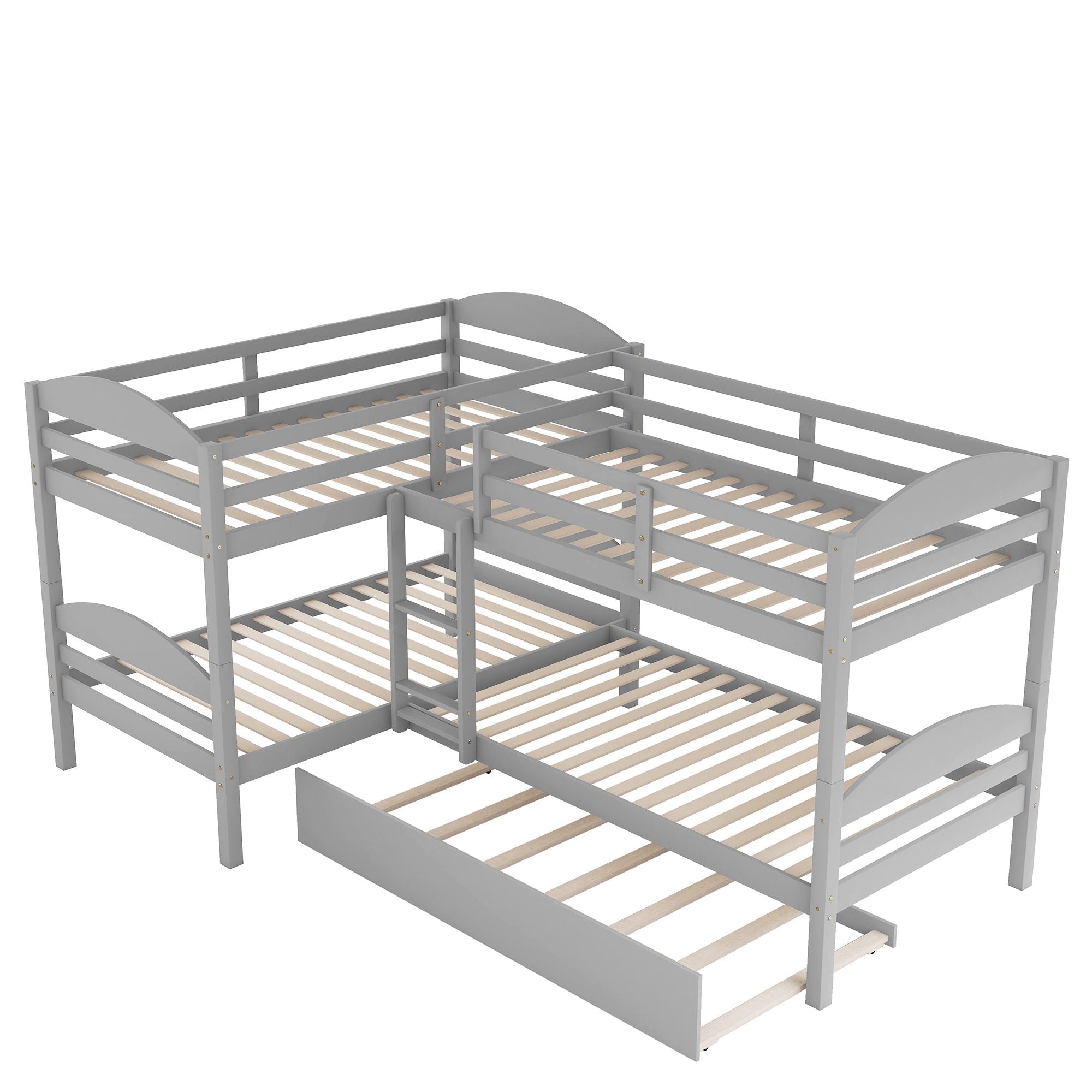 Space-Saving Twin-Over-Twin L-Shaped Wood Bunk Bed with Trundle and Gray Finish | Just Better Bunk Beds